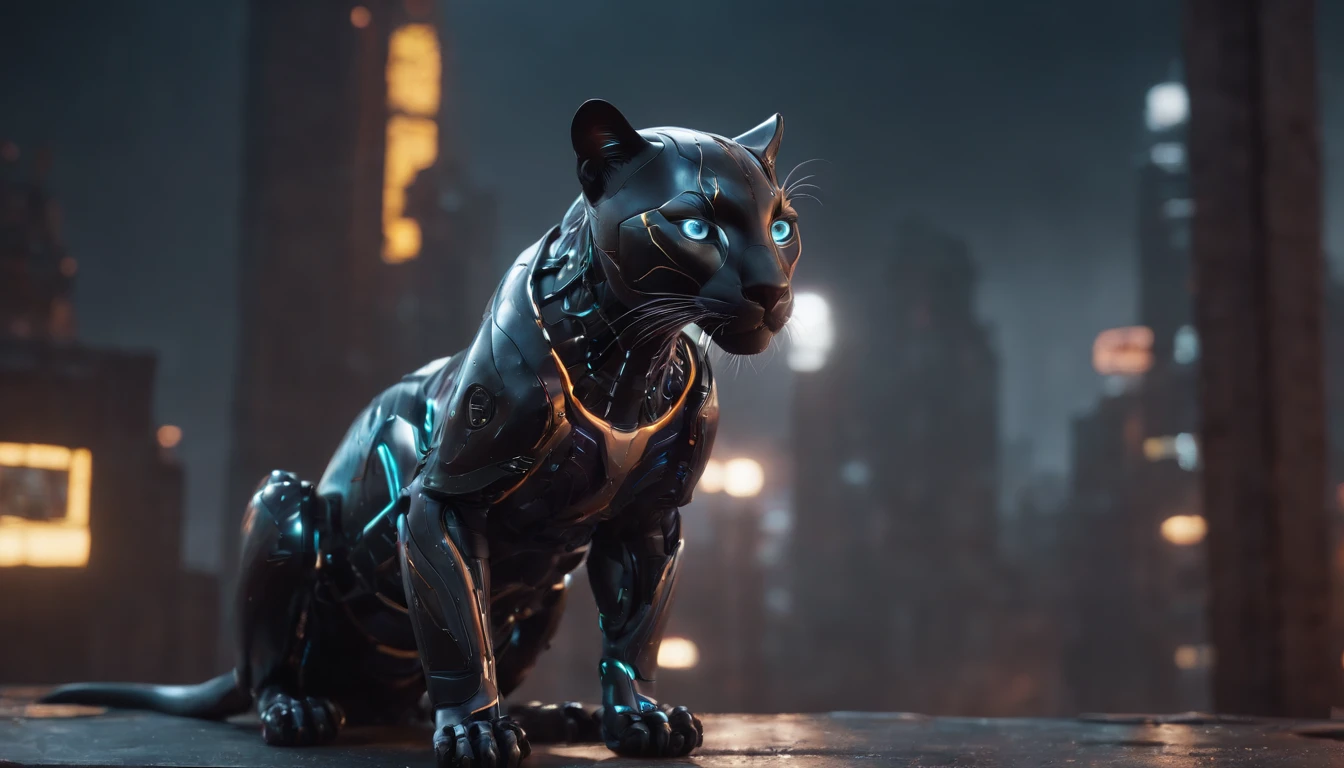Machine Panther Photos((Tiere)) Futuristic in the middle of the photo, hyper realistic photography, metalic, Professional photo of futuristic robot panther with various modifications, Metal claws, synthetic fur, Bionic hind limbs, ((super realistic details)), Cybernetic Eyes, scientific fiction, Fictional scenario science, (natta), natural soft light, Cyberpunk, Futuristic cities, cyberpunkcity, neon signs, ighly detailed, (highly detailed back ground), Different buildings in the background, Billboard advertisement on the background of the side of the building, Detailed metallic textures, Wide Angle, Rain at night, In the iridescent light, extremely detailed picture, Vivid and beautiful colors, Photorealistic images, 8K, Ultra HD | |, Unreal Rendering Engine, Cinematic lighting,Realistic proportions, film grains, Photo RAW, (Lateral face).