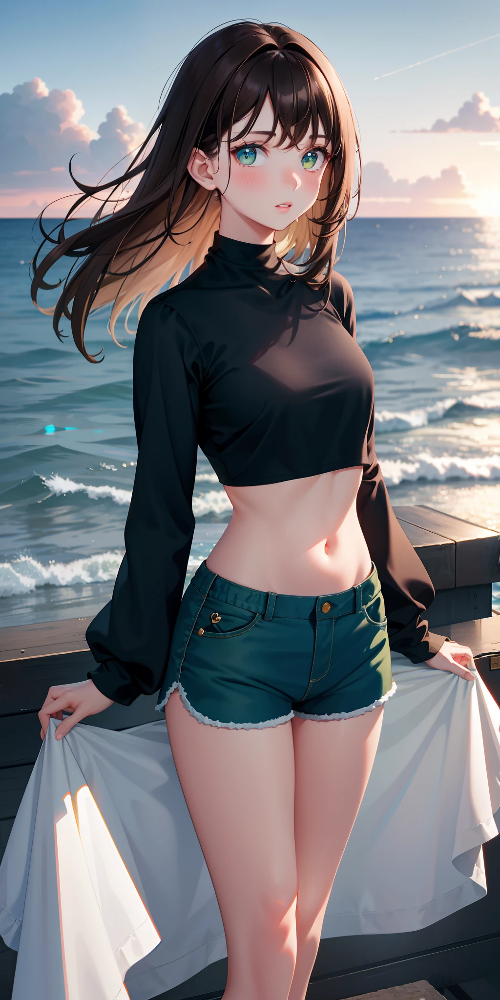 real, 1girl, brown hair, green eyes, glowing eyes, black crop top, long sleeves, blue shorts, parted lips, blush, glowing night sky, seaside