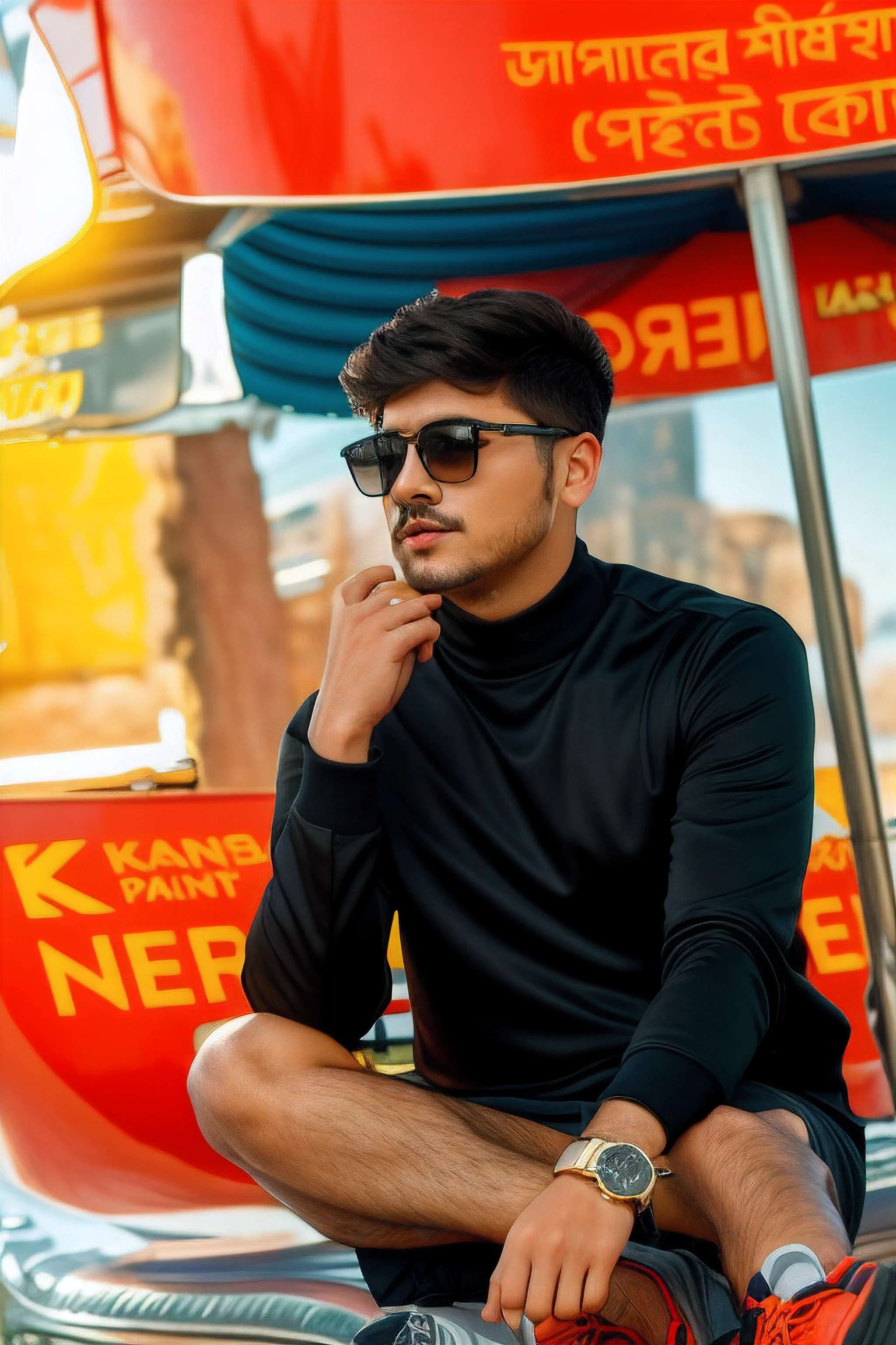Fantasic , futuristic Background , 8k realistic Face , decent hair cut , luxury watch and sunglass & shoes , bright face tune