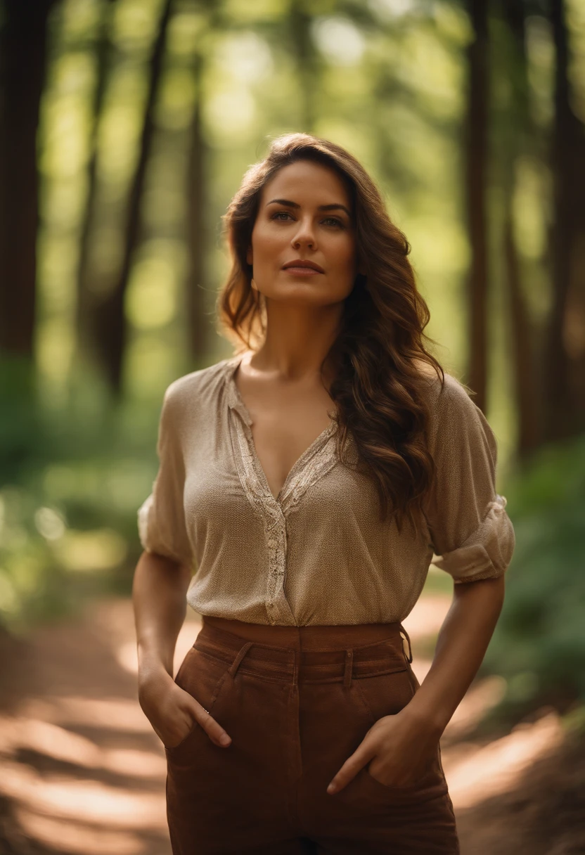 arms at sides, portrait, closeup, looking at camera, best quality, upper body, shirt, woman in forest, EricaCampbell, nikon d850 film stock photograph 4 kodak 400 camera f1.6 lens rich colors hyper realistic lifelike texture natural lighting trending on artstation cinestill 800, (100mm lens), long hair