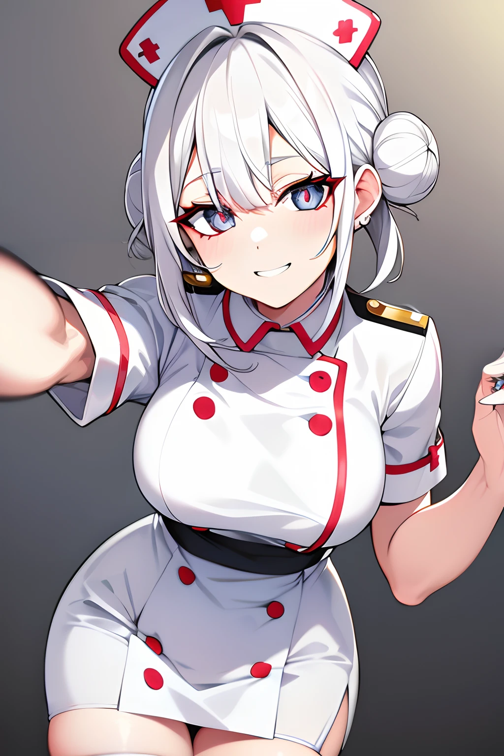 8K, Super detail,White hair, double bun hair, mismatched pupils, Colored Contact Lenses, Nurse hat,Nurse's uniform, smiley, anime big breast,
