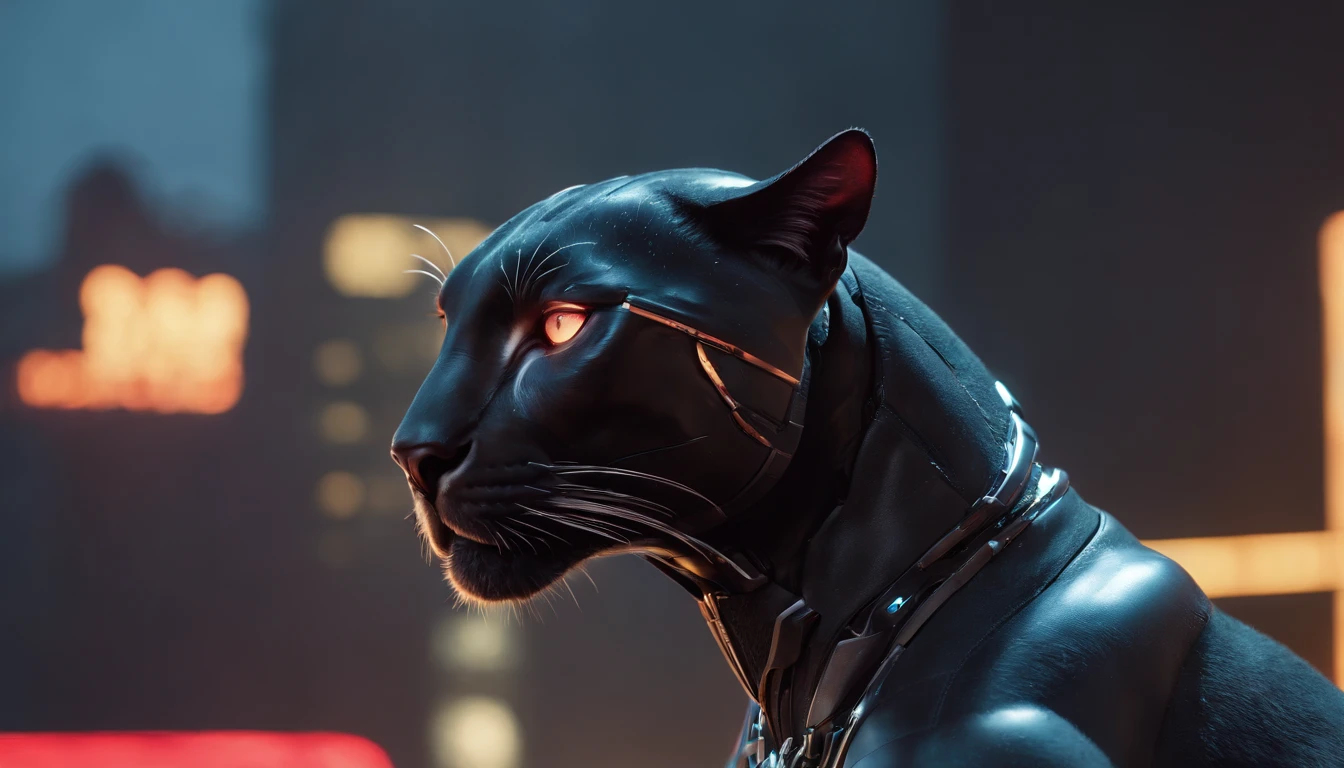 Machine Panther Photos((Tiere)) Futuristic in the middle of the photo, hyper realistic photography, metalic, Professional photo of futuristic robot panther with various modifications, Metal claws, synthetic fur, Bionic hind limbs, ((super realistic details)), Cybernetic Eyes, scientific fiction, Fictional scenario science, (natta), natural soft light, Cyberpunk, Futuristic cities, cyberpunkcity, neon signs, ighly detailed, (highly detailed back ground), Different buildings in the background, Billboard advertisement on the background of the side of the building, Detailed metallic textures, Wide Angle, Rain at night, In the iridescent light, extremely detailed picture, Vivid and beautiful colors, Photorealistic images, 8K, Ultra HD | |, Unreal Rendering Engine, Cinematic lighting,Realistic proportions, film grains, Photo RAW, (Lateral face). Glowing red eyes