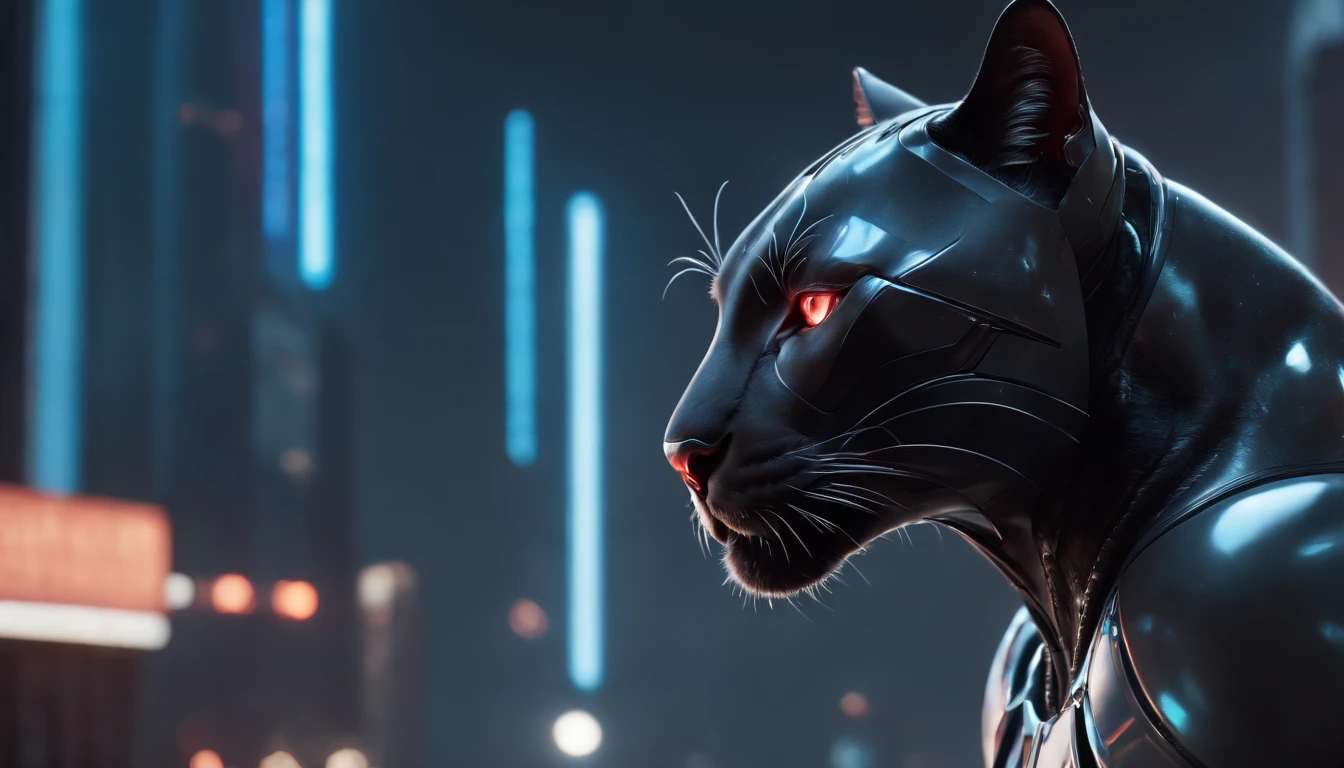 Machine Panther Photos((Tiere)) Futuristic in the middle of the photo, hyper realistic photography, metalic, Professional photo of futuristic robot panther with various modifications, Metal claws, synthetic fur, Bionic hind limbs, ((super realistic details)), Cybernetic Eyes, scientific fiction, Fictional scenario science, (natta), natural soft light, Cyberpunk, Futuristic cities, cyberpunkcity, neon signs, ighly detailed, (highly detailed back ground), Different buildings in the background, Billboard advertisement on the background of the side of the building, Detailed metallic textures, Wide Angle, Rain at night, In the iridescent light, extremely detailed picture, Vivid and beautiful colors, Photorealistic images, 8K, Ultra HD | |, Unreal Rendering Engine, Cinematic lighting,Realistic proportions, film grains, Photo RAW, (Lateral face). Glowing red eyes