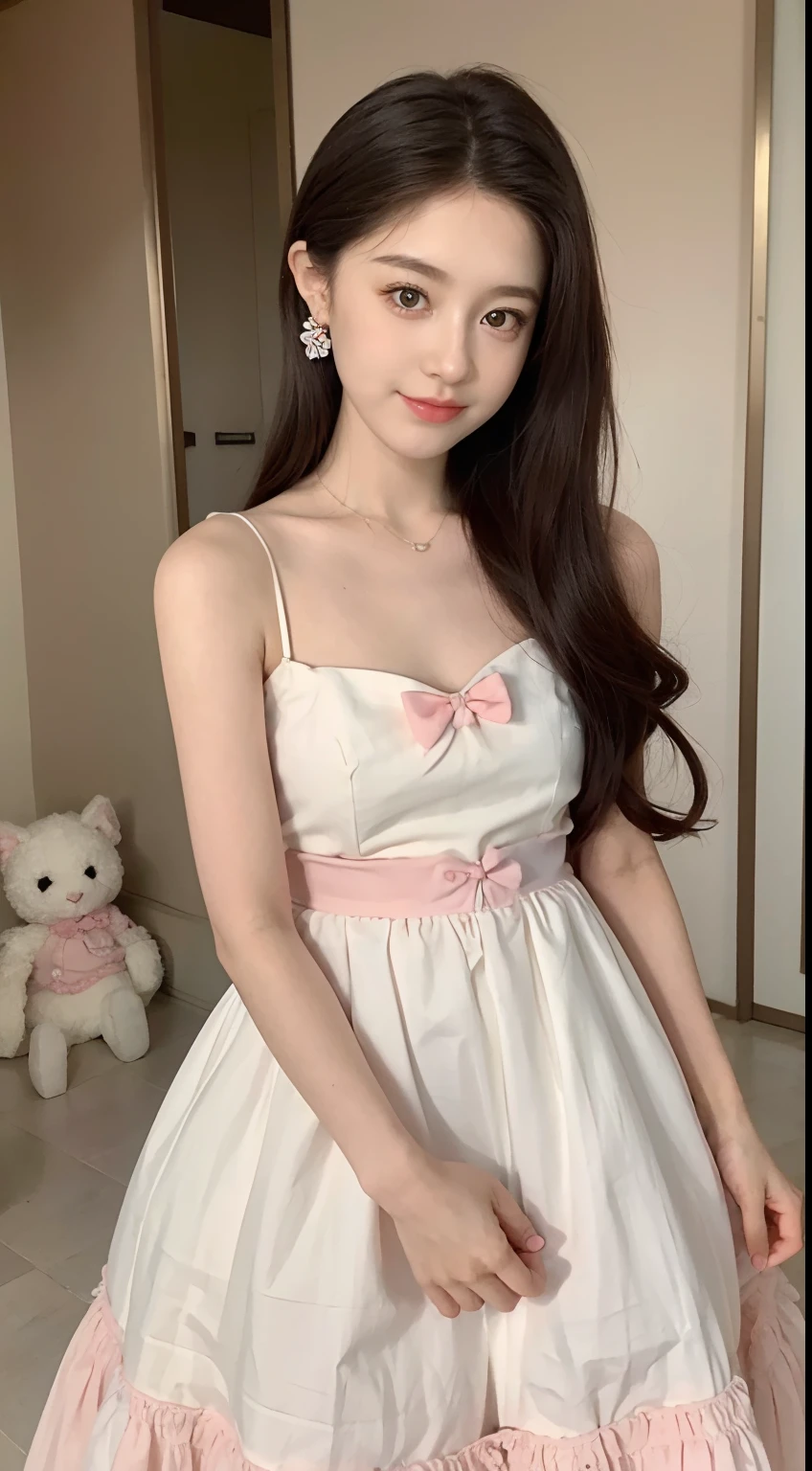 there is a young girl holding a doll and a doll, soft cute colors, wearing pink hair bow, romantic dress, white cat in a pink dress, lovely and cute, cute details, **** in dress, very beautiful cute catgirl, cute dress, cute pocelain doll, wearing a pink dress, fairycore, dreamy style, feminine girly dress