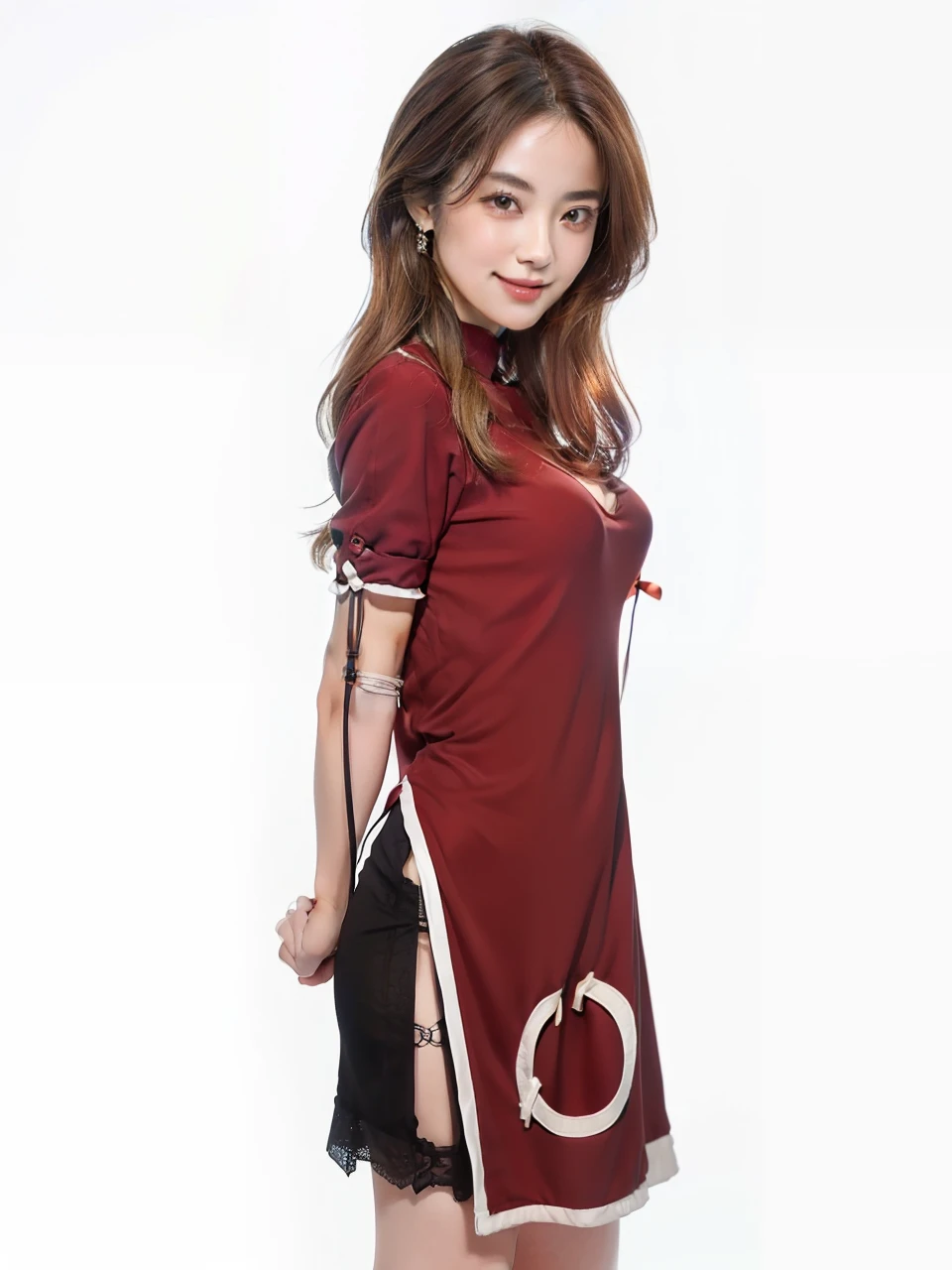 (top-quality、8k、​masterpiece:1.3)、Beautiful Women in Perfect Figure:1.4、dark brown hair、extremely detailed face and skin、A detailed eye、二重まぶた、huge tit、a smile、g-cup
