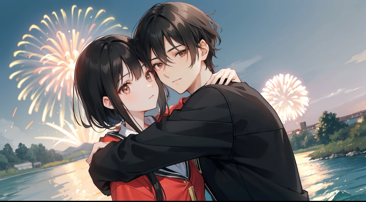 a black-haired, Female hair growth,Man with brown eyes by the river,Men and women hugging each other,There are fireworks in the distance