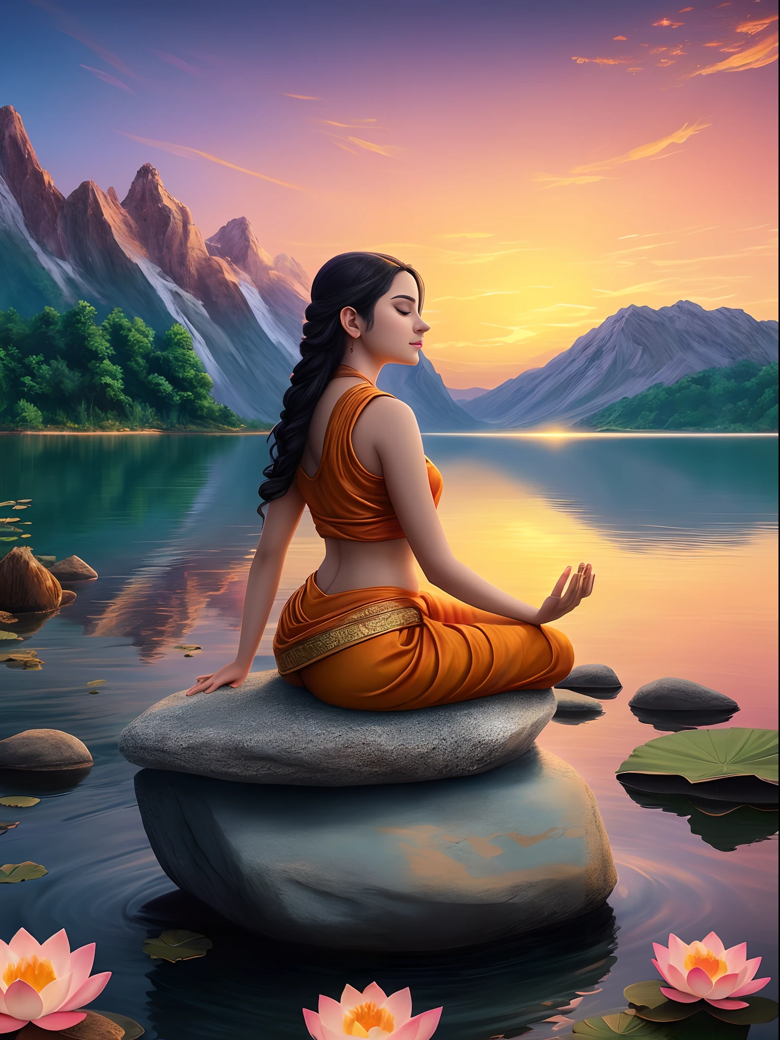 a woman sitting on a rock in front of a lake with a sunset, digital art by Cyril Rolando, trending on cg society, fantasy art, hindu stages of meditation, hindu aesthetic, indian goddess, beautiful goddess, indian goddess of wealth, meditating, meditating pose, meditation pose, lotus pose, beautiful depiction, yoga meditation pose, sacred feminine, meditation
