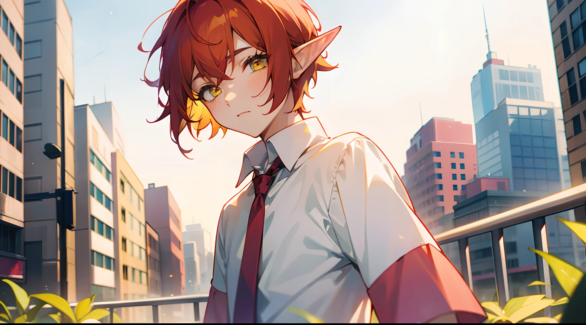 1 boy, Yellow eyes, red hair color, Short Hair Hair, Pastel colors, elf ears, shirt, Downtown, many people, Young boy