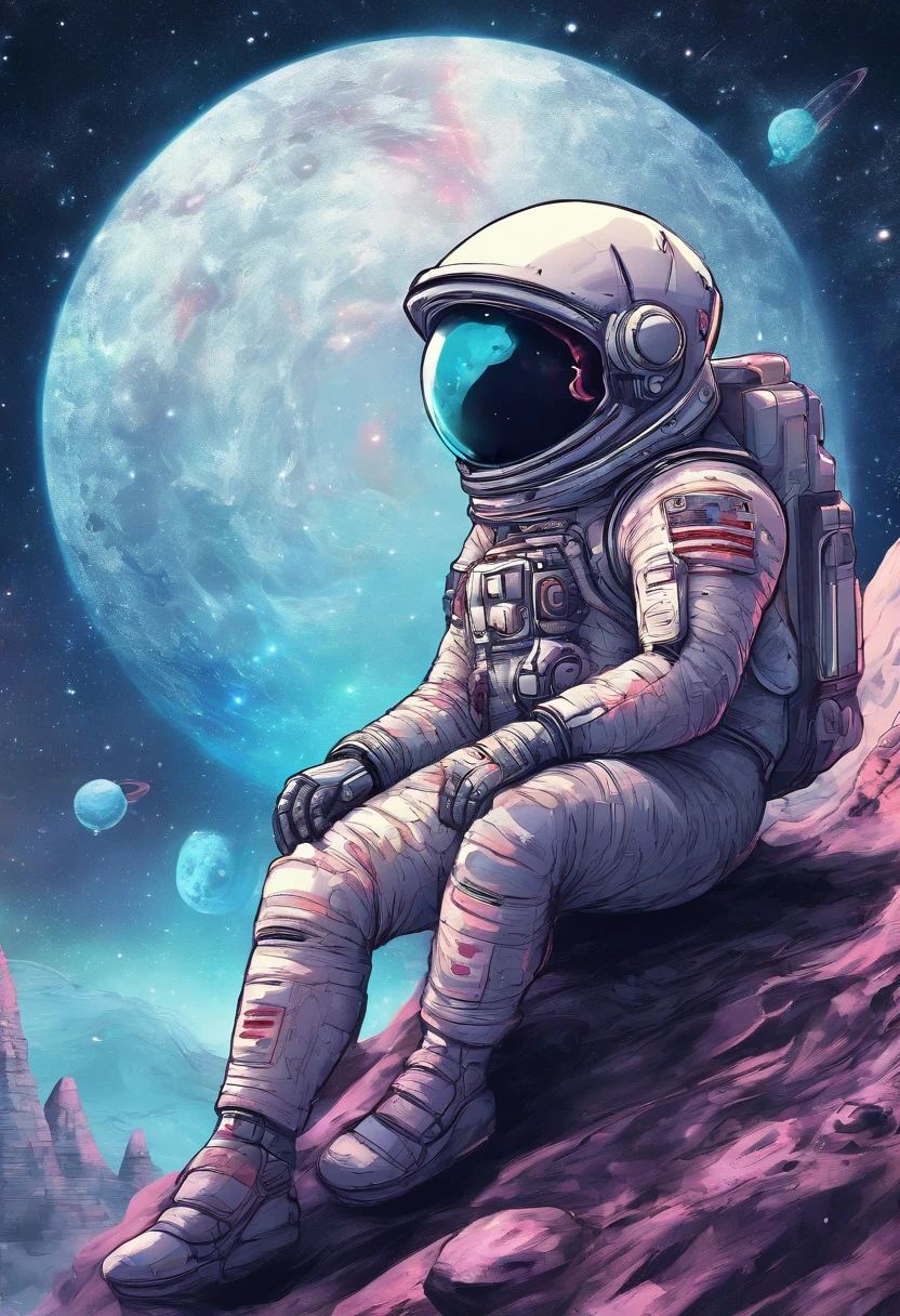alien planet,Astronaut sitting on a stone