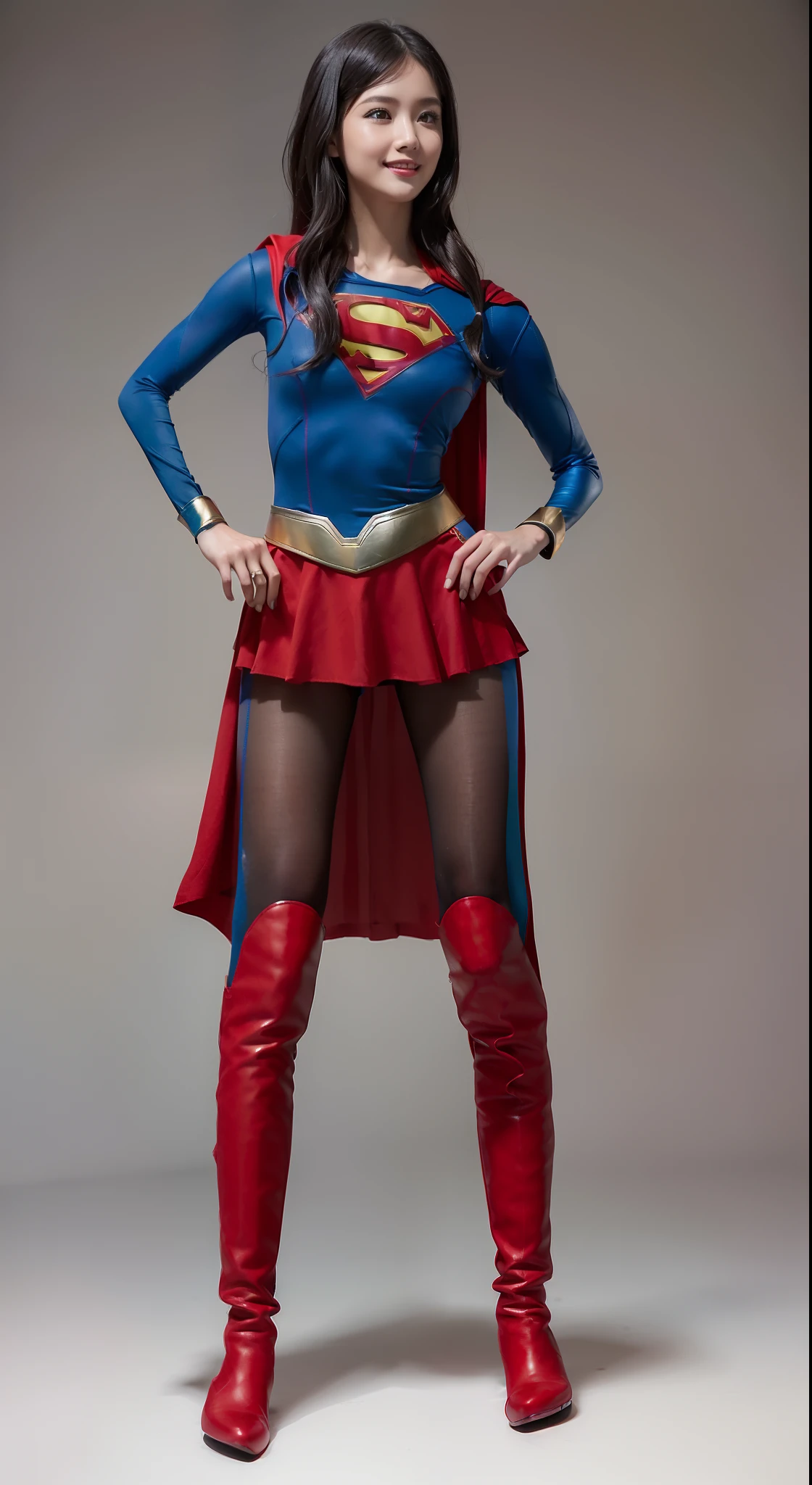 (((Make the most of the original image)))、(((Be sure to wear black tights)))、(((Supergirl Costume)))、(((lustrous dark hair)))、(((Suffering)))、(((Smiling)))、(((Be sure to wear red boots)))、(((Hung)))、((Top image quality、8K))、((top-quality、8K、masterpiece:1.3))、Crisp focus:1.2、Beautiful woman with perfect body shape:1.4、Slender Abs:1.2、((layers-Cut))、a wet body:1.5、Highly detailed facial and skin texture、Wearing red boots