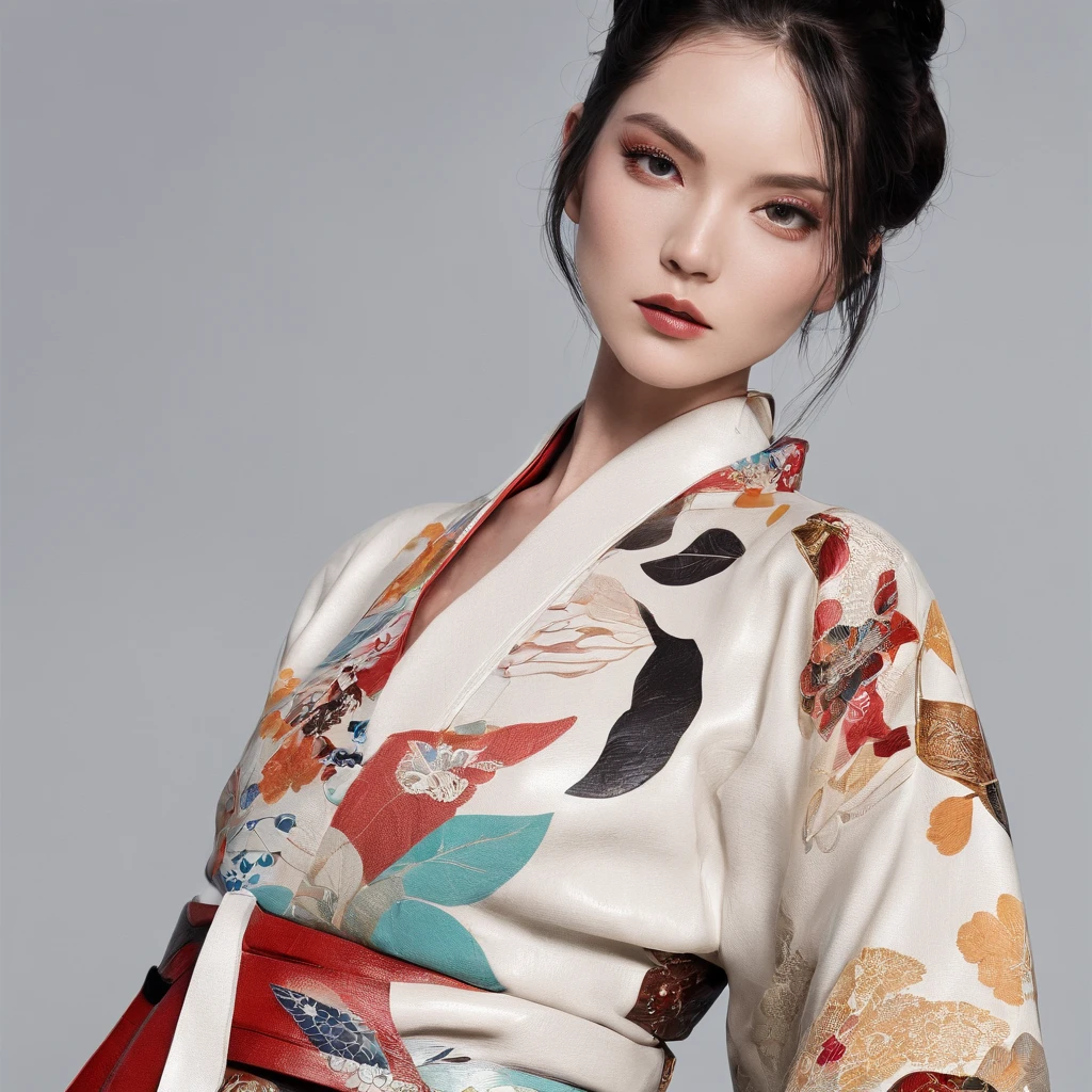 Kimono made of leather、detailed tits、A detailed face、