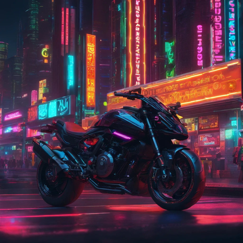 Cyberpunk-style motorcycle, colored in black and neon, featuring intricate and complex mechanical structures with glowing parts. simple background, Photographed by Juergen Teller. Camera model: Sony A9 II. Camera parameters: shutter speed 1/200, aperture f4.5, ISO 800. Lighting style: street light. Fancy words: powerful, sleek, futuristic