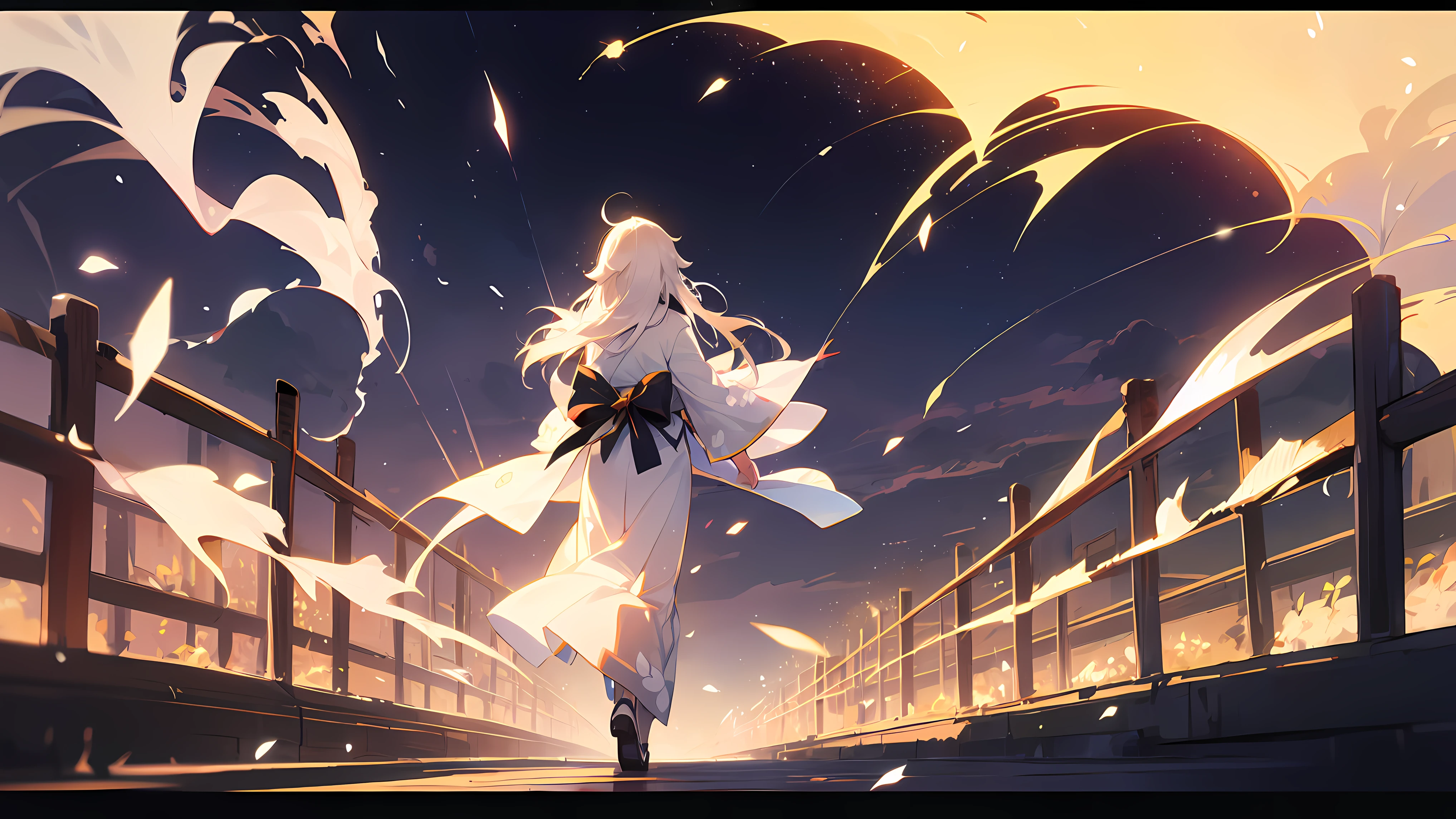 a girl with long white hair in kiso japan is walking down the streets wearing a beautiful white kimono with prints, magical atmosphere, makoto shinkai style, particles flying,