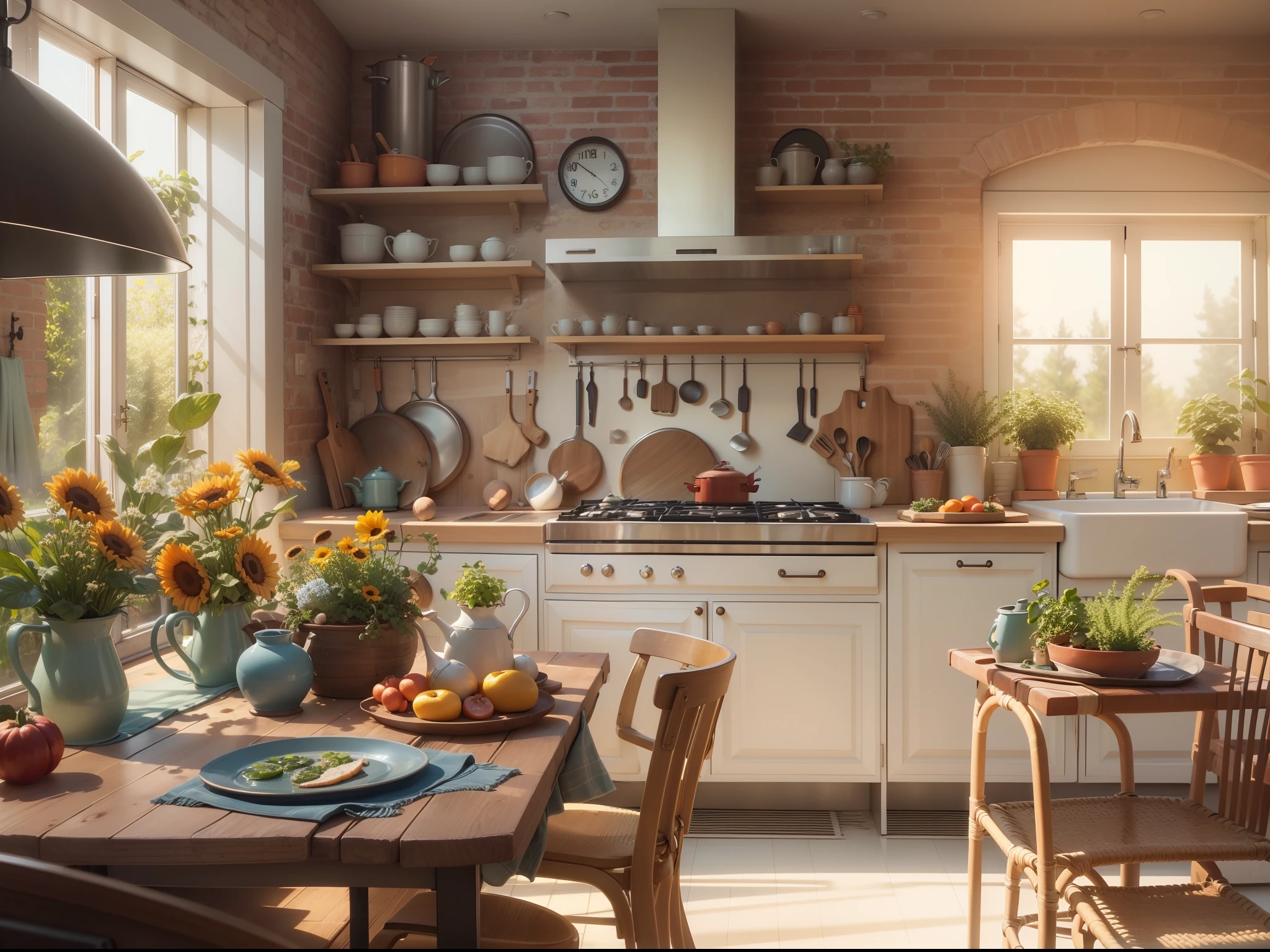 Ideal modern kitchen, florals,pots, and the sun was shining brightly, the detail， 4K， k hd， high high quality.