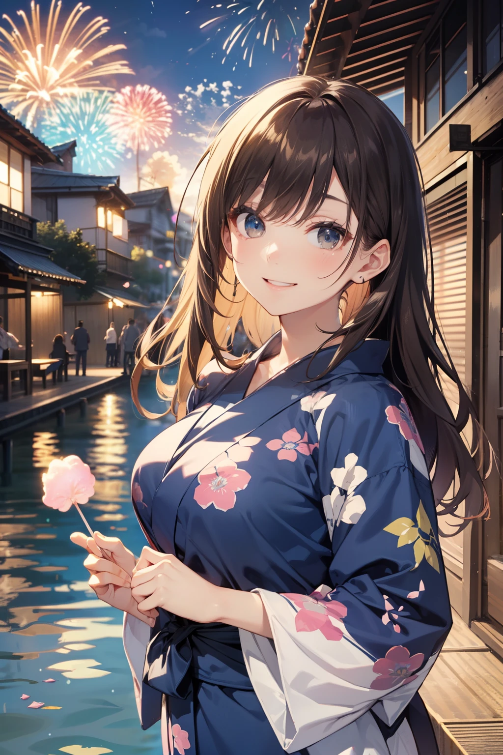 top-quality、Full limbs、complete fingers、Slender beauty、straight haired、Brown hair、Longhaire、(navy blue yukata:1.3)、floral Yukata、Summer Festivals、River、Beautiful Large Breasts、A big smile、eating cotton candy、sexypose、nigh sky、skyrocket、Looking up at the fireworks