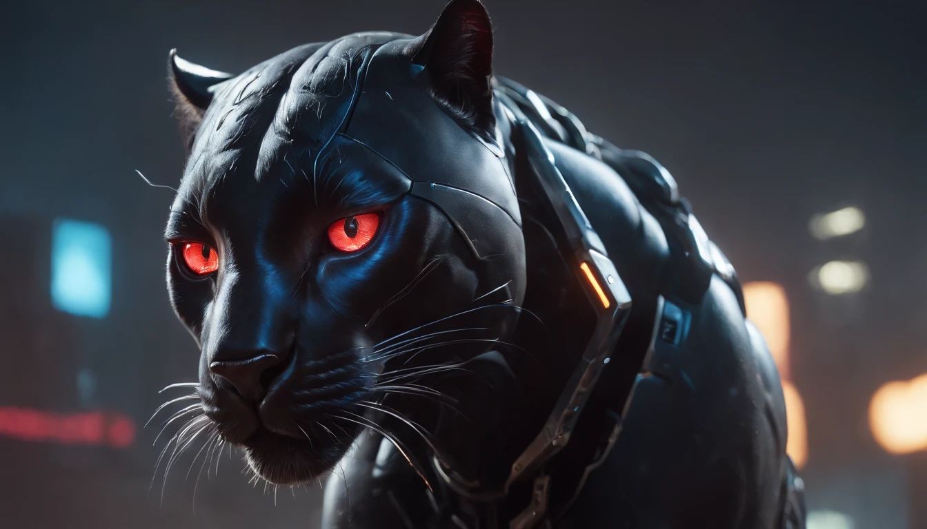 Machine Panther Photos((Tiere)) Futuristic in the middle of the photo, hyper realistic photography, metalic, Professional photo of futuristic robot panther with various modifications, Metal claws, synthetic fur, Bionic hind limbs, ((super realistic details)), Cybernetic Eyes, scientific fiction, Fictional scenario science, (natta), natural soft light, Cyberpunk, Futuristic cities, cyberpunkcity, neon signs, ighly detailed, (highly detailed back ground), Different buildings in the background, Billboard advertisement on the background of the side of the building, Detailed metallic textures, Wide Angle, Rain at night, In the iridescent light, extremely detailed picture, Vivid and beautiful colors, Photorealistic images, 8K, Ultra HD | |, Unreal Rendering Engine, Cinematic lighting,Realistic proportions, film grains, Photo RAW, (Lateral face). Glowing red eyes