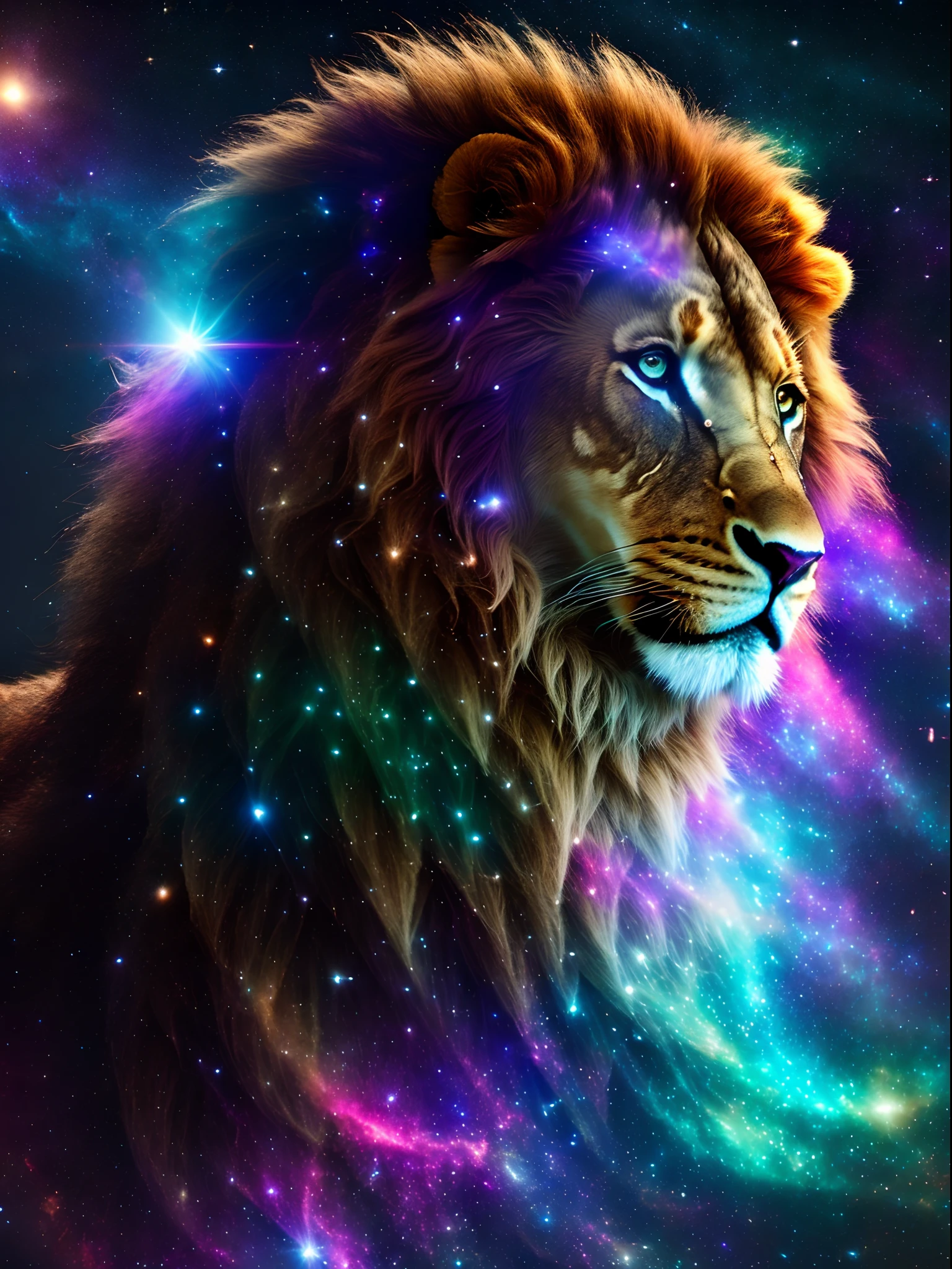 a photograph Galaxies, spirals, space, nebulae, stars, smoke, iridescent, intricate detail, in the shape of a lion, octane rendering, 8k hyper realistic, realistic texture, unreal natural lighting engine, cinestill 800, (35mm lens)