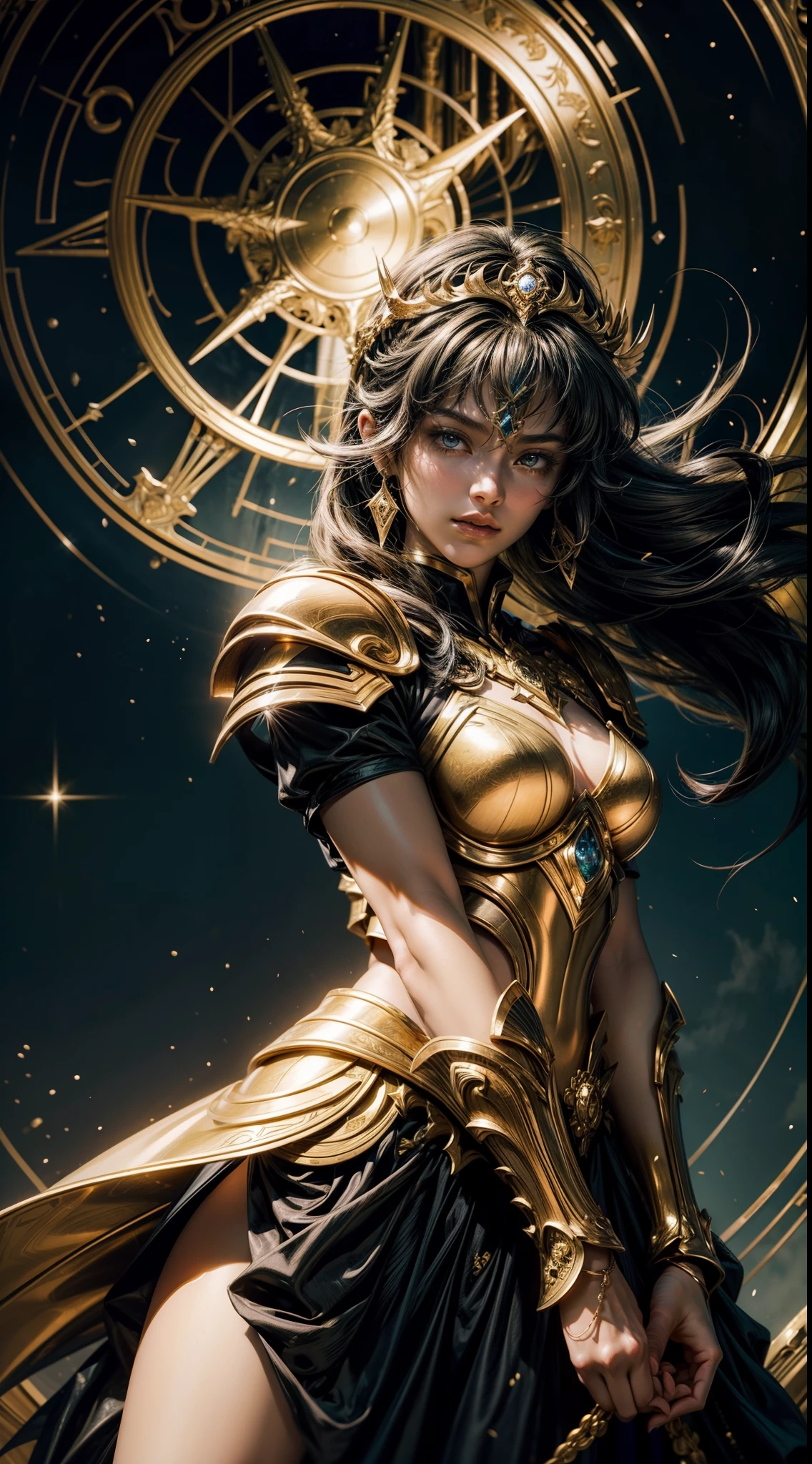 digital illustration like photography from the "Saint Seiya" universe. The scene features a 1girl Knight of the Zodiac, specifically representing the Virgo She is wearing her Cloth, which is colored in shades of Gold and Black and is designed in a style that reflects her Zodiac sign. The background is a dramatic battlefield or a significant location from the series. The style is hyper-realistic, capturing each detail of the Knight and her Cloth with precision. This illustration is intended for a card game, so it should be dynamic and engaging, capturing the essence of the character and her Zodiac sign.