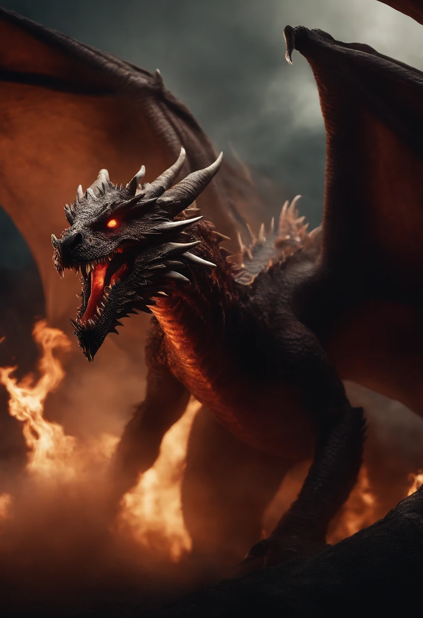 A large dragon in its most frightening form standing in a sinister fiery hell with its mouth open spewing fire larvae, with its eyes and ears shooting flames