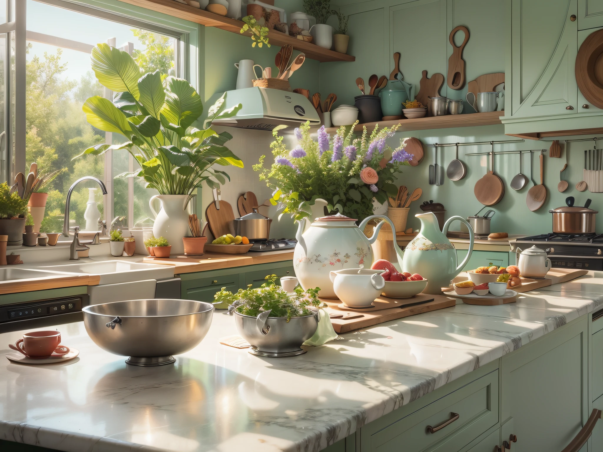 Ideal modern kitchen, florals,pots, and the sun was shining brightly, the detail, 4K, k hd, high high quality.