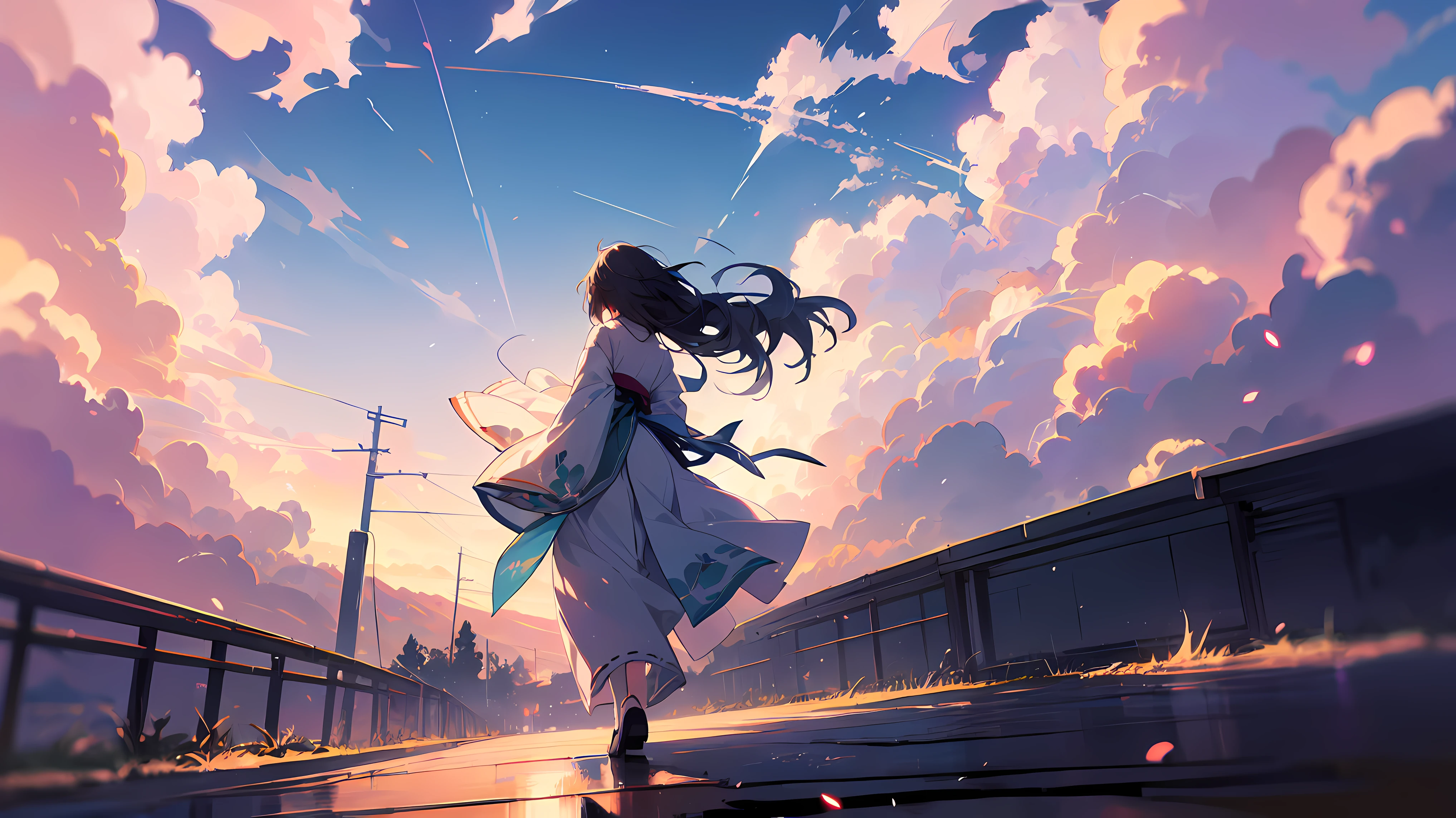 a girl with long white hair in kiso japan is walking down the streets wearing a beautiful white kimono with prints, magical atmosphere, makoto shinkai style, particles flying,