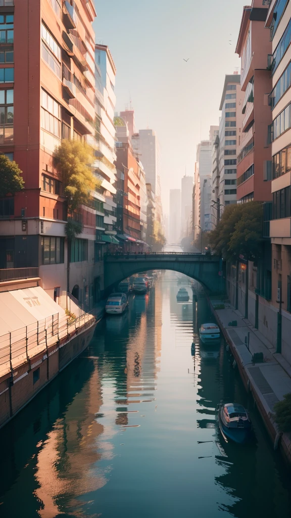 Create an image of a vibrant urban cityscape teeming with life, captured from an eye-level perspective.