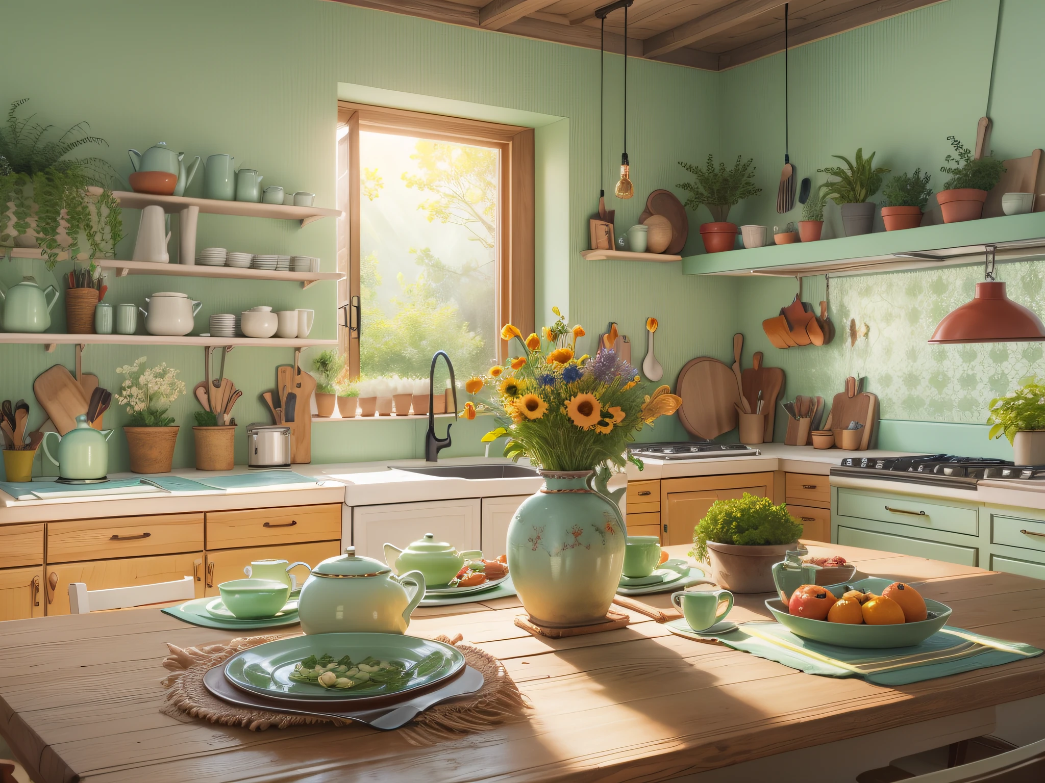 Ideal modern kitchen, florals,pots, and the sun was shining brightly, the detail， 4K， k hd， high high quality.