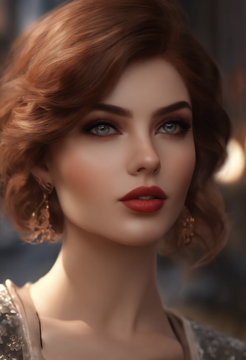 (best quality,highres,masterpiece:1.2),ultra-detailed,photorealistic:1.37,detailed eyes:narrowed,detailed lips,red chaos of short hair, black eye shadow,street style outfit:1.2,urban background:1.2, dark makeup,numbered art,popular on art station,highly detailed,intricate details, intricate patterns, beautiful radiant details, elaborate, cinematic lighting, high resolution, detailed facial features,sharp focus,confident,aesthetic.