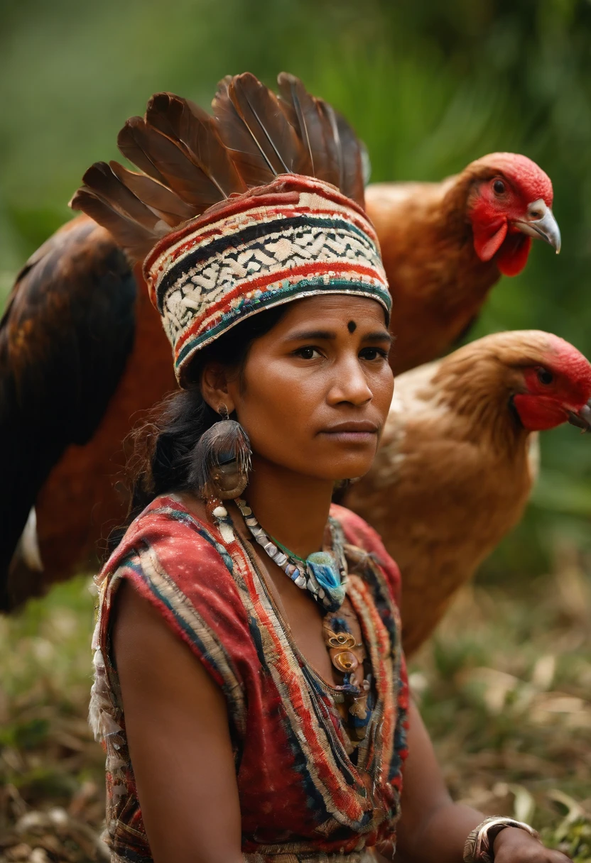 "Create an image that depicts a modern poultry farm, where an indigenous, Dressed in traditional indigenous costumes, esteja presente como um trabalhador ou supervisor. The scene should show the indigenous in a poultry environment, com galinheiros, birds and equipment related to poultry farming.

The indigenous must be involved in activities that demonstrate their integration with poultry operations, how to feed and care for birds, monitoring of egg production or any other related task. Their presence should highlight the harmony between modern birding practices and indigenous culture, representada por suas roupas tradicionais.

The scene should convey a message of respect for indigenous culture and its ability to adapt and integrate with modern practices, while preserving their traditions. It should be a positive representation of the intersection between indigenous culture and poultry activity, celebrando a diversidade cultural e a harmonia com o ambiente."