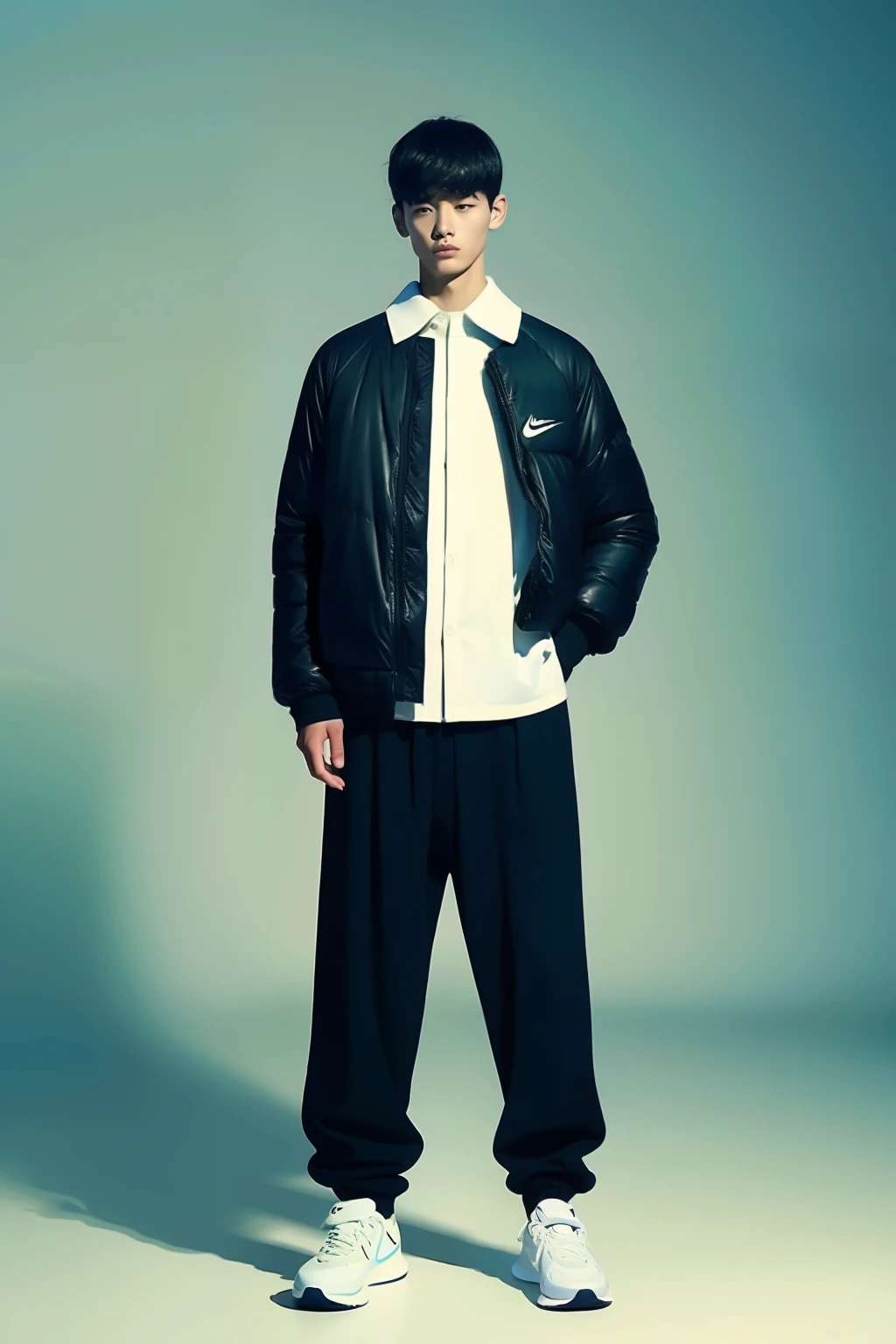 a -yeld tege boy, korean, brown short hair, korean style hair, stylish, bright eyes, wear korean high school uniform, full body, wide angle, realistic, 8k, korean school boy, black pants, Ulzang, Hyperrealistic nike shoes, sleeping on sofa