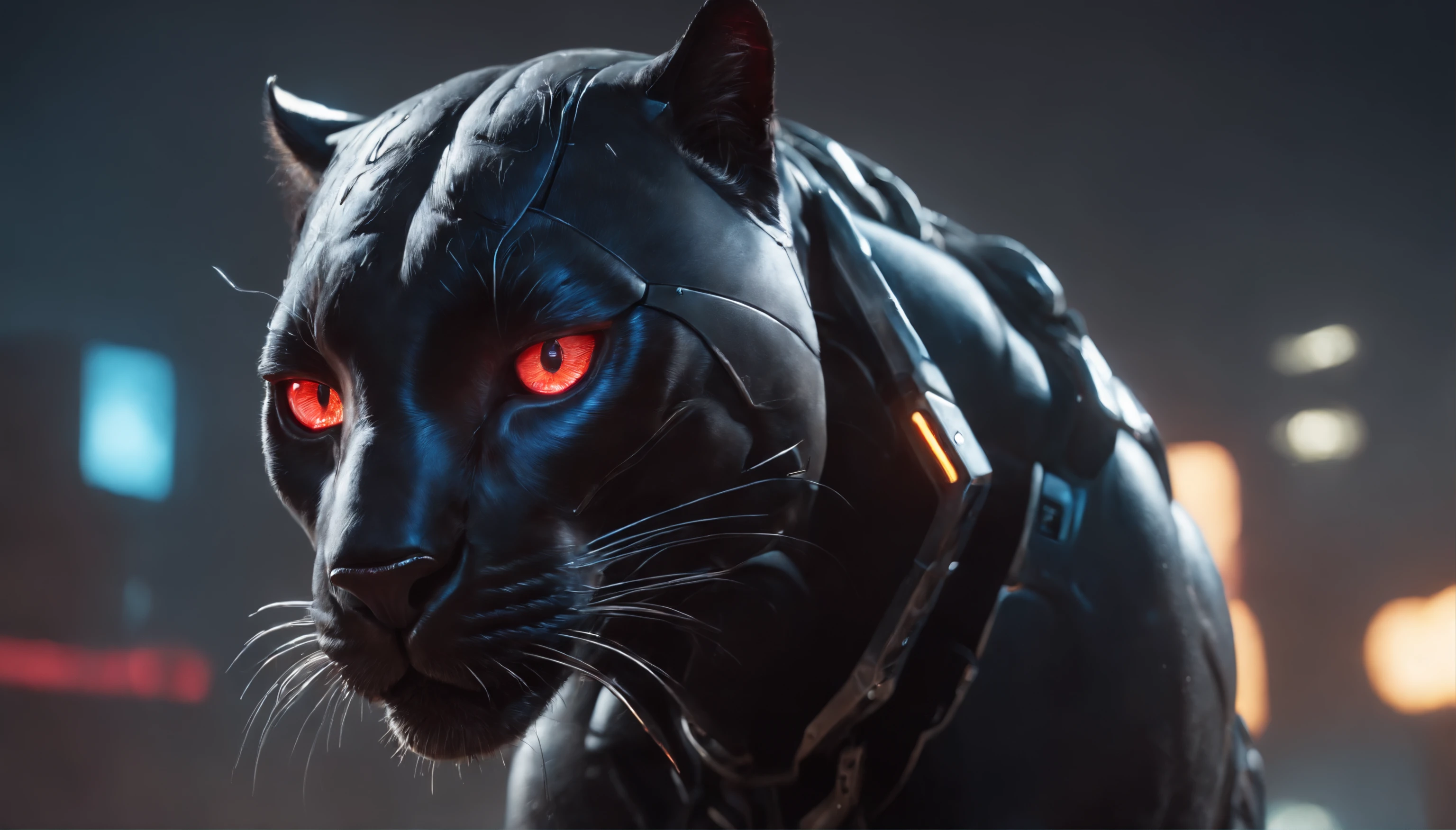 Machine Panther Photos((Tiere)) Futuristic in the middle of the photo, hyper realistic photography, metalic, Professional photo of futuristic robot panther with various modifications, Metal claws, synthetic fur, Bionic hind limbs, ((super realistic details)), Cybernetic Eyes, scientific fiction, Fictional scenario science, (natta), natural soft light, Cyberpunk, Futuristic cities, cyberpunkcity, neon signs, ighly detailed, (highly detailed back ground), Different buildings in the background, Billboard advertisement on the background of the side of the building, Detailed metallic textures, Wide Angle, Rain at night, In the iridescent light, extremely detailed picture, Vivid and beautiful colors, Photorealistic images, 8K, Ultra HD | |, Unreal Rendering Engine, Cinematic lighting,Realistic proportions, film grains, Photo RAW, (Lateral face). Glowing red eyes