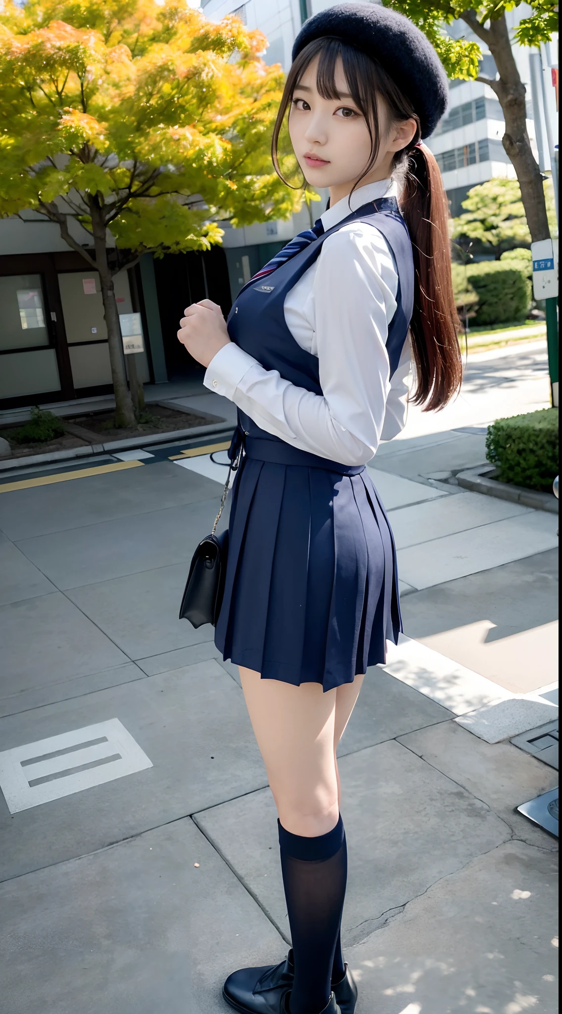 mix4, (16 K, Raw photography, Top image quality, masterpiece: 1.45), (realisitic, Photorealsitic: 1.37), one girls, 7.5, etc,cute little, A city scape,, profetional lighting, photon maping, Cityscape with street trees, physically-based renderingt, Gradient dark brown hair,, a handsome, Well-groomed and beautiful eyes、二重まぶた、girl with, (((student clothes、Long sleeve shirt worn by Japan high school girl、Navy blue vest、Ribbon-shaped tie、Dark blue over-the-knee skirt, Navy Blue Beret、Dark blue knee-high socks、Black loafers))), Top Quality Photos, hight resolution, 1080p, (clearface), (Detailed face description), (Detailed hand description), (masterpiece), (Exquisite CG)、extreme light and shadows、dishevled hair、master work、abundant detail、(Fine facial features)、(top quality photo)、(masuter piece)、(A detailed eye)、Look in front of you、Fine clavicle、((Slender big))、(((Japan girl wears a long-sleeved shirt)))、((Sexy Idol System))、((Gingko tree))、(Shooting from random perspectives)、(((Anyway cute)))、耳Nipple Ring、A big smile、Drawing the whole body from the knees、Do not draw nasolabial folds、(((Shoulder bags used by Japan school))、(Big breasts that hang down big:1.2)、Big buttocks with tension、Two arms and two legs、(((from the front side:1.0)))、bare hand、