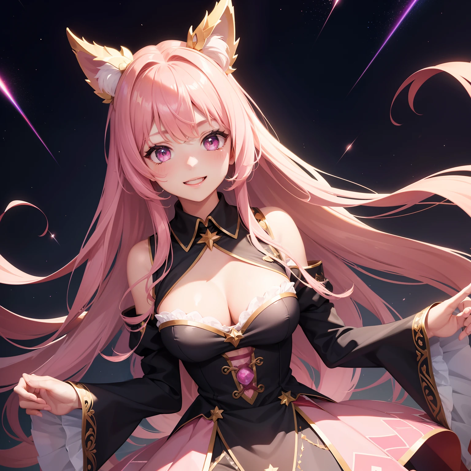 chest out, absurdres, superfine illustration,rainboweffect, highres, ultra detailed,light diffusion,highly detailed light reflection, kaleidoscope, harmonious, best shadow, highly detailed very beautiful big smile face, ;D, beautiful growing crystal diamond star pupil,look at viewer, beautiful detailed hair, solo, dynamic pose, beautiful detailed pink and black ribon, beautiful detailed High school uniform, Fantastic and the whole shines and shooting star and the wind is strong in detail background