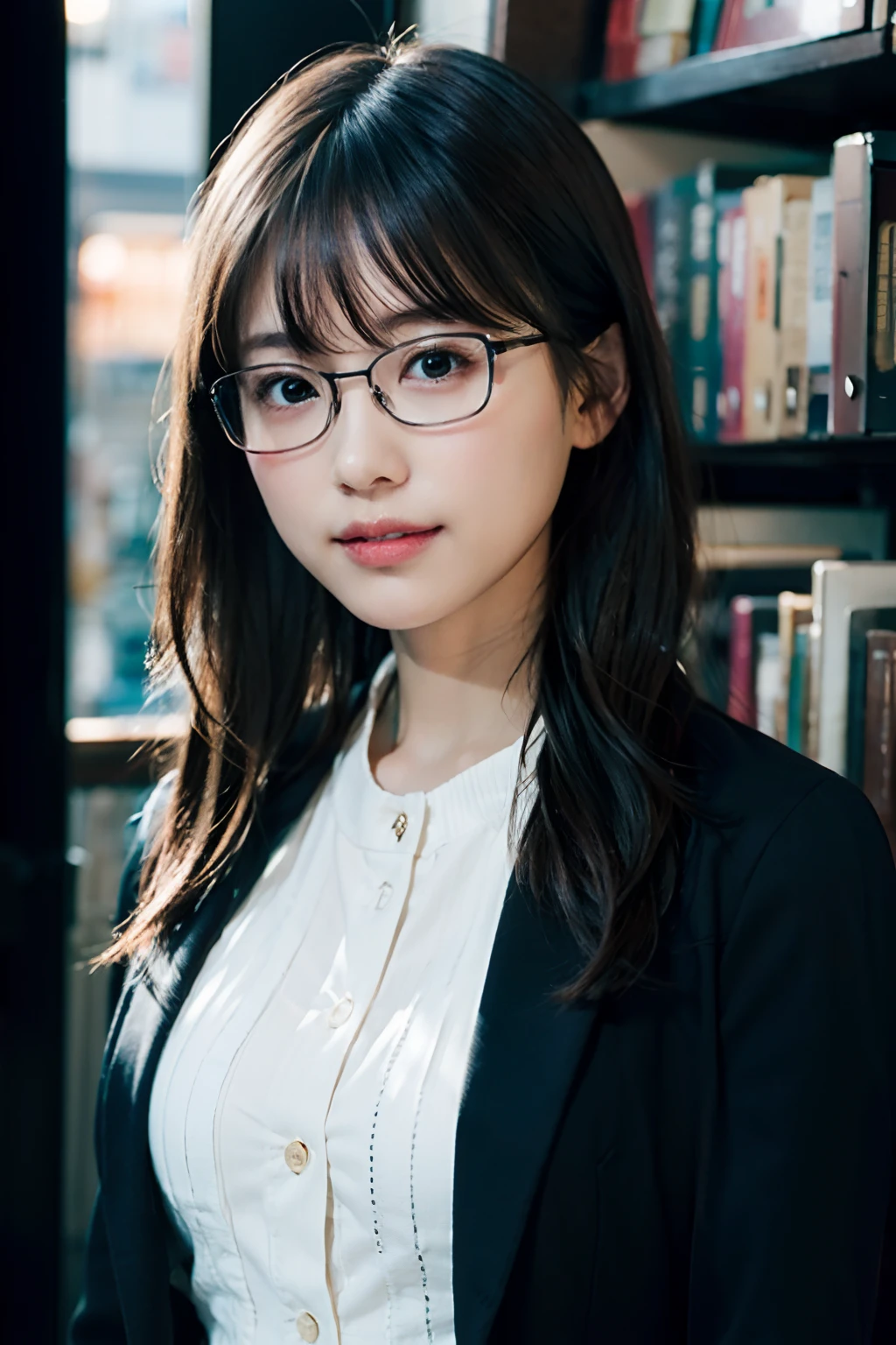(8K、Raw photography、top-quality、masterpiece:1.2)、(realisitic、Photorealsitic:1.37)、ultra-detailliert、超A high resolution、 1 人、20yr old、see the beholder、beautifull detailed face、A smile with a little visible teeth、Constriction、(Slim waist) :1.3)、Blazer、Beautiful detailed skin、Skin Texture、Floating hair、Hair bunched into one、large breasts with good shape、Professional Lighting、Autumn twilight、book library、(((Black square glasses )))、Whole human body、Black hair、((Shameful appearance))、Accept the book、