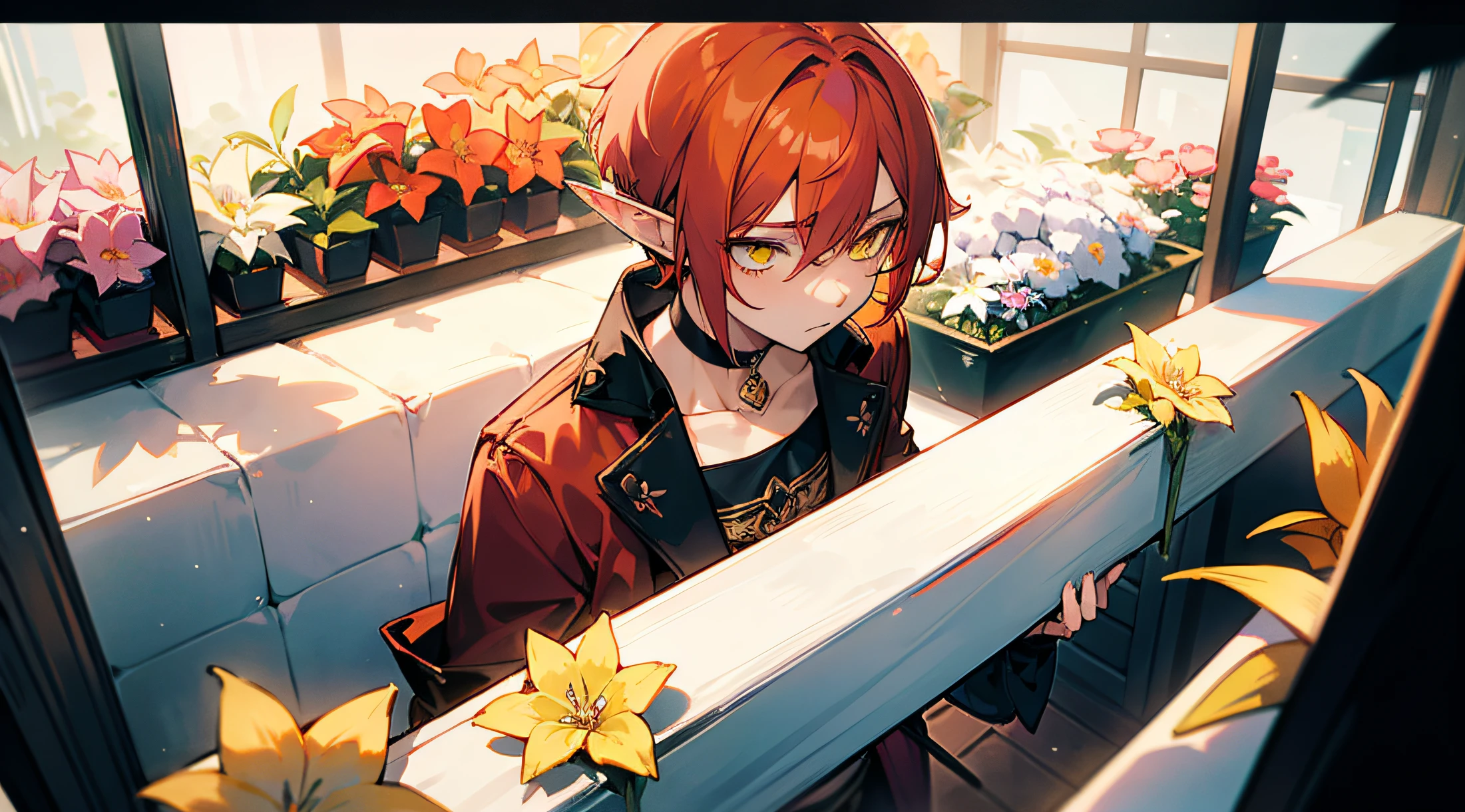 1 boy, Yellow eyes, red hair color, Short Hair Hair, Pastel colors, elf ears, Choker, Vokoloid's clothes, Sex of the body, stands in the middle, Flower shop, Young boy
