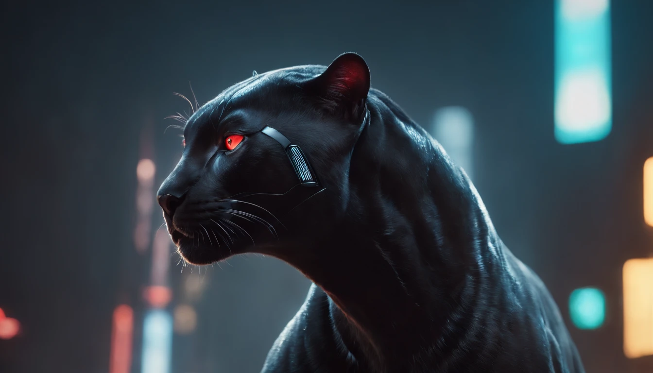 Machine Panther Photos((Tiere)) Futuristic in the middle of the photo, hyper realistic photography, metalic, Professional photo of futuristic robot panther with various modifications, Metal claws, synthetic fur, Bionic hind limbs, ((super realistic details)), Cybernetic Eyes, scientific fiction, Fictional scenario science, (natta), natural soft light, Cyberpunk, Futuristic cities, cyberpunkcity, neon signs, ighly detailed, (highly detailed back ground), Different buildings in the background, Billboard advertisement on the background of the side of the building, Detailed metallic textures, Wide Angle, Rain at night, In the iridescent light, extremely detailed picture, Vivid and beautiful colors, Photorealistic images, 8K, Ultra HD | |, Unreal Rendering Engine, Cinematic lighting,Realistic proportions, film grains, Photo RAW, (Lateral face). Glowing red eyes