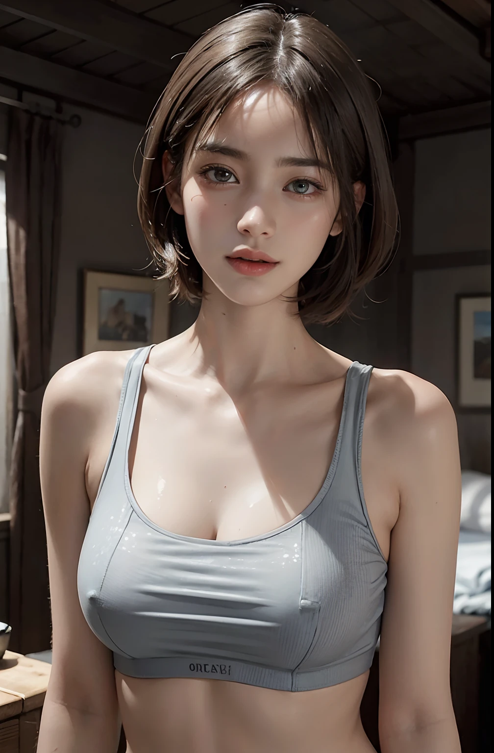 (A hyper-realistic), (illustratio), (hight resolution), (8K), (ighly detailed), (The best illustrations), (beatiful detailed eyes), (top-quality), (ultra-detailliert), (masterpiece), (detailed face), droopy eyes,full of sweat, full body,Armpit,short-hair,inner colored,solo,Girl in grey sports bra, Japanese, Colossal tits, smile