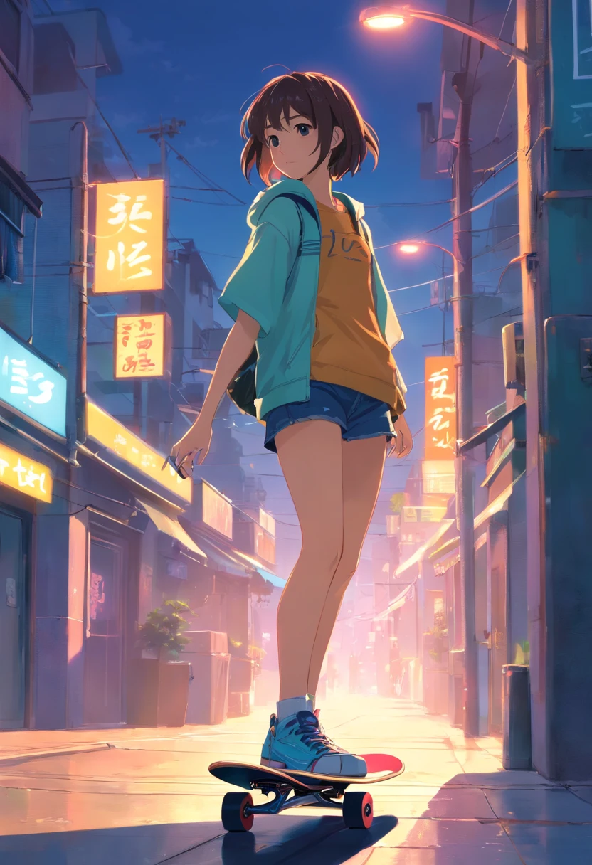 a  girl, 14yo, Owning a skateboard, la noche，orgía，A solas，ciudad，Personalidad cyberpunk，esmog，Moda callejera，auricular，la calle，fuera de casa，neon light，esmog,