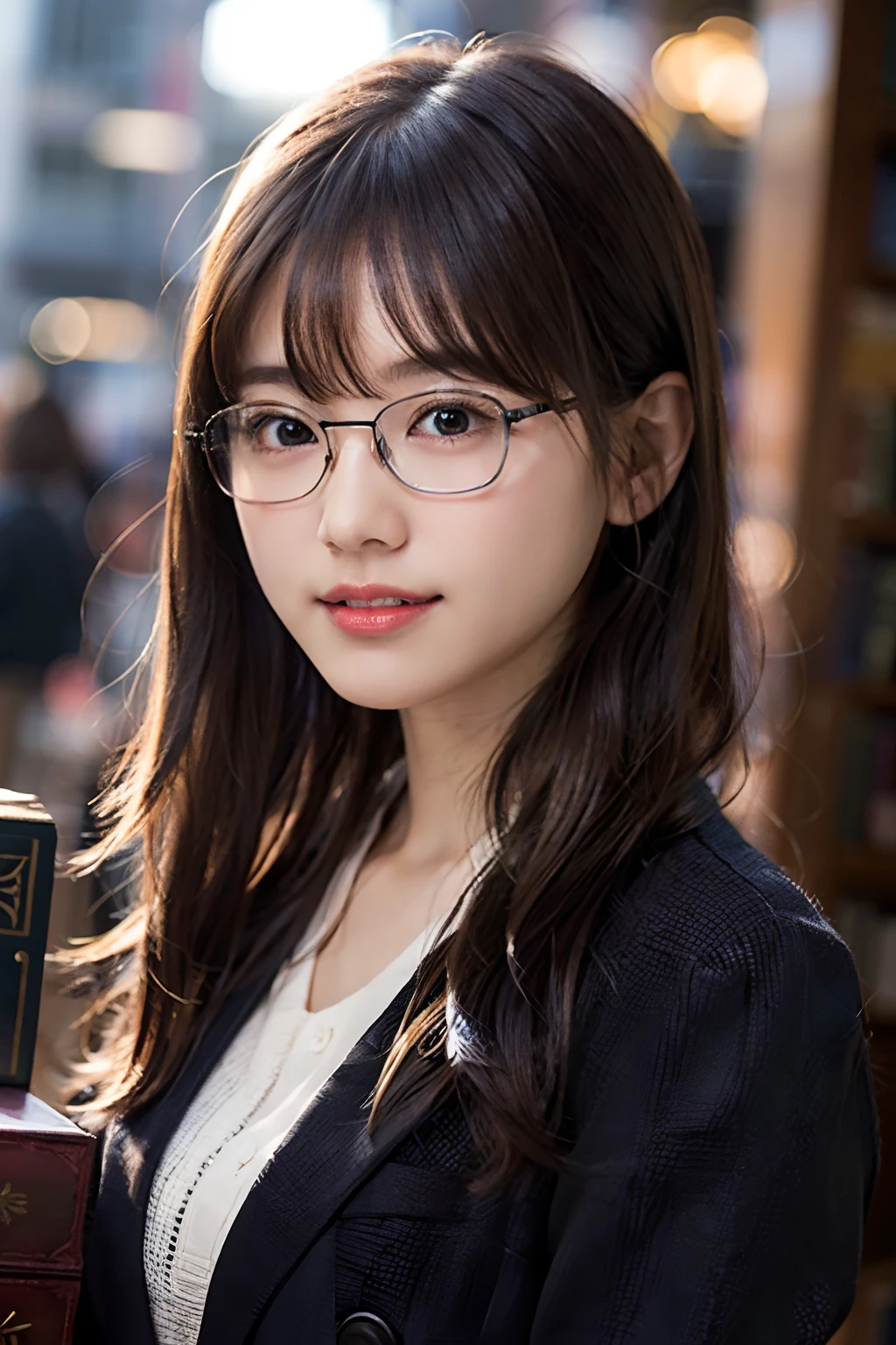 (8K、Raw photography、top-quality、masterpiece:1.2)、(realisitic、Photorealsitic:1.37)、ultra-detailliert、超A high resolution、 1 人、20yr old、see the beholder、beautifull detailed face、A smile with a little visible teeth、Constriction、(Slim waist) :1.3)、Blazer、Beautiful detailed skin、Skin Texture、Floating hair、Hair bunched into one、large breasts with good shape、Professional Lighting、Autumn twilight、book library、(((Black square glasses )))、Whole human body、Black hair、((Shameful appearance))、Accept the book、