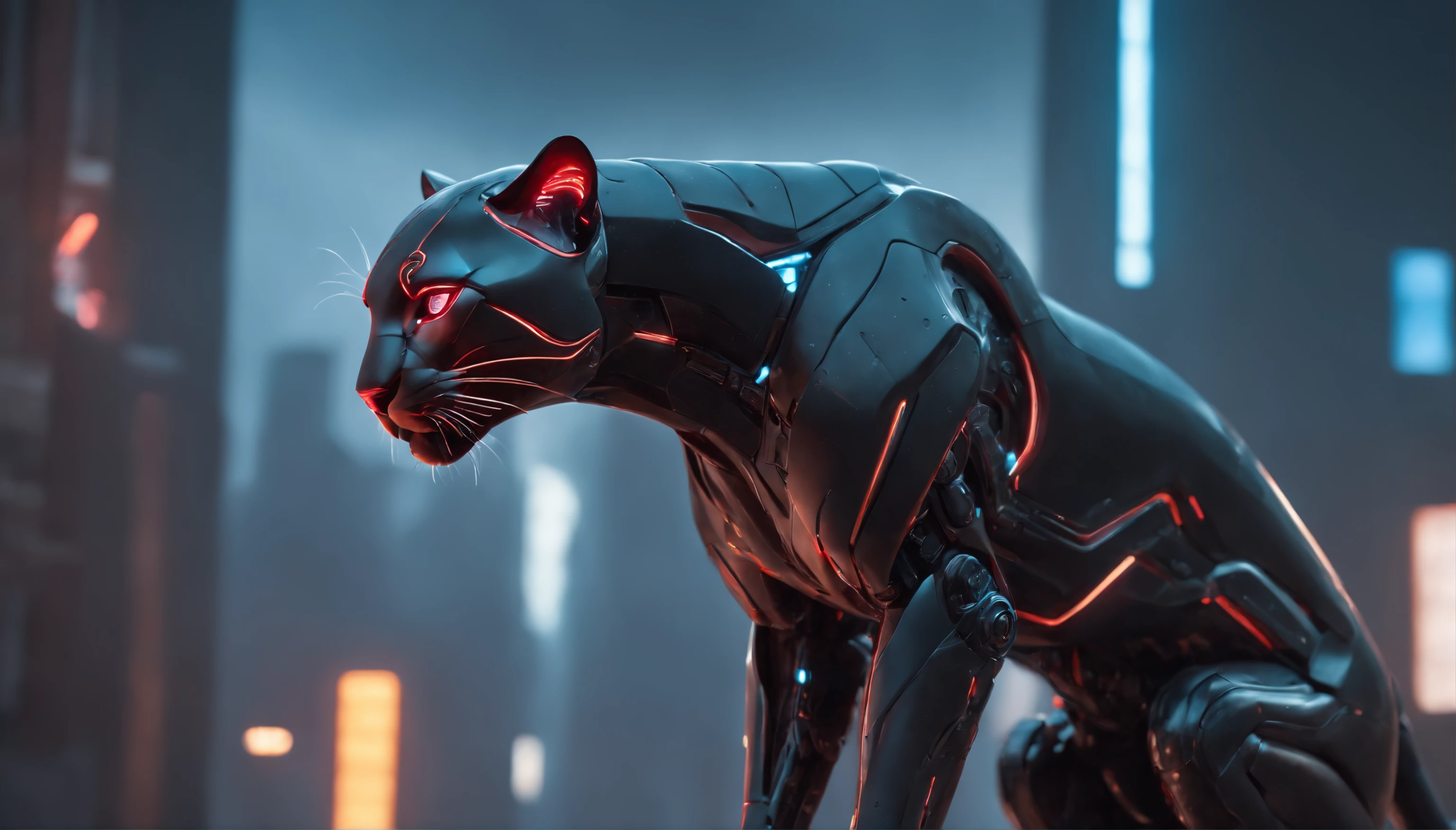Machine Panther Photos((Tiere)) Futuristic in the middle of the photo, hyper realistic photography, metalic, Professional photo of futuristic robot panther with various modifications, Metal claws, synthetic fur, Bionic hind limbs, ((super realistic details)), Cybernetic Eyes, scientific fiction, Fictional scenario science, (natta), natural soft light, Cyberpunk, Futuristic cities, cyberpunkcity, neon signs, ighly detailed, (highly detailed back ground), Different buildings in the background, Billboard advertisement on the background of the side of the building, Detailed metallic textures, Wide Angle, Rain at night, In the iridescent light, extremely detailed picture, Vivid and beautiful colors, Photorealistic images, 8K, Ultra HD | |, Unreal Rendering Engine, Cinematic lighting,Realistic proportions, film grains, Photo RAW, (Lateral face). Glowing red eyes