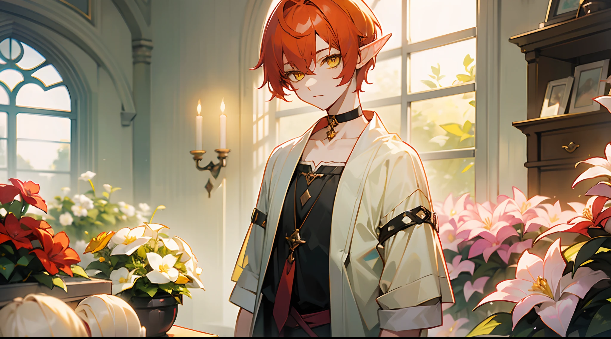 1 boy, Yellow eyes, red hair color, Short Hair Hair, Pastel colors, elf ears, Choker, Vokoloid's clothes, Sex of the body, stands in the middle, Flower shop, Young boy