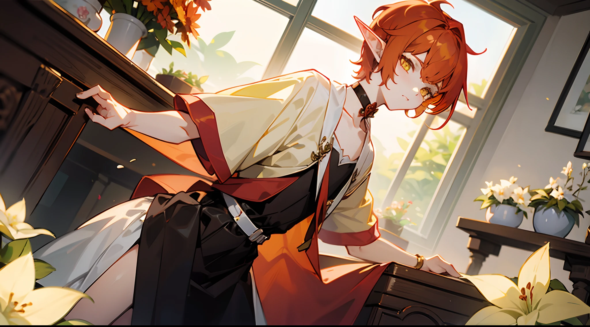 1 boy, Yellow eyes, red hair color, Short Hair Hair, Pastel colors, elf ears, Choker, Vokoloid's clothes, Sex of the body, stands in the middle, Flower shop, Young boy