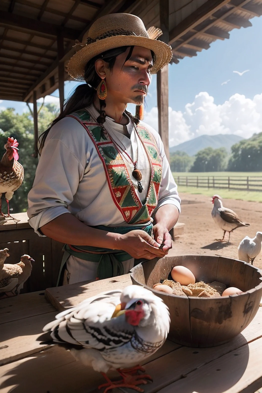 "Create an image that depicts a modern poultry farm, where an indigenous man, Dressed in traditional indigenous costumes, esteja presente como um trabalhador ou supervisor. The scene should show the indigenous in a poultry environment, com galinheiros, birds and equipment related to poultry farming.

The indigenous must be involved in activities that demonstrate their integration with poultry operations, how to feed and care for birds, monitoring of egg production or any other related task. Their presence should highlight the harmony between modern birding practices and indigenous culture, representada por suas roupas tradicionais.

The scene should convey a message of respect for indigenous culture and its ability to adapt and integrate with modern practices, while preserving their traditions. It should be a positive representation of the intersection between indigenous culture and poultry activity, celebrando a diversidade cultural e a harmonia com o ambiente."