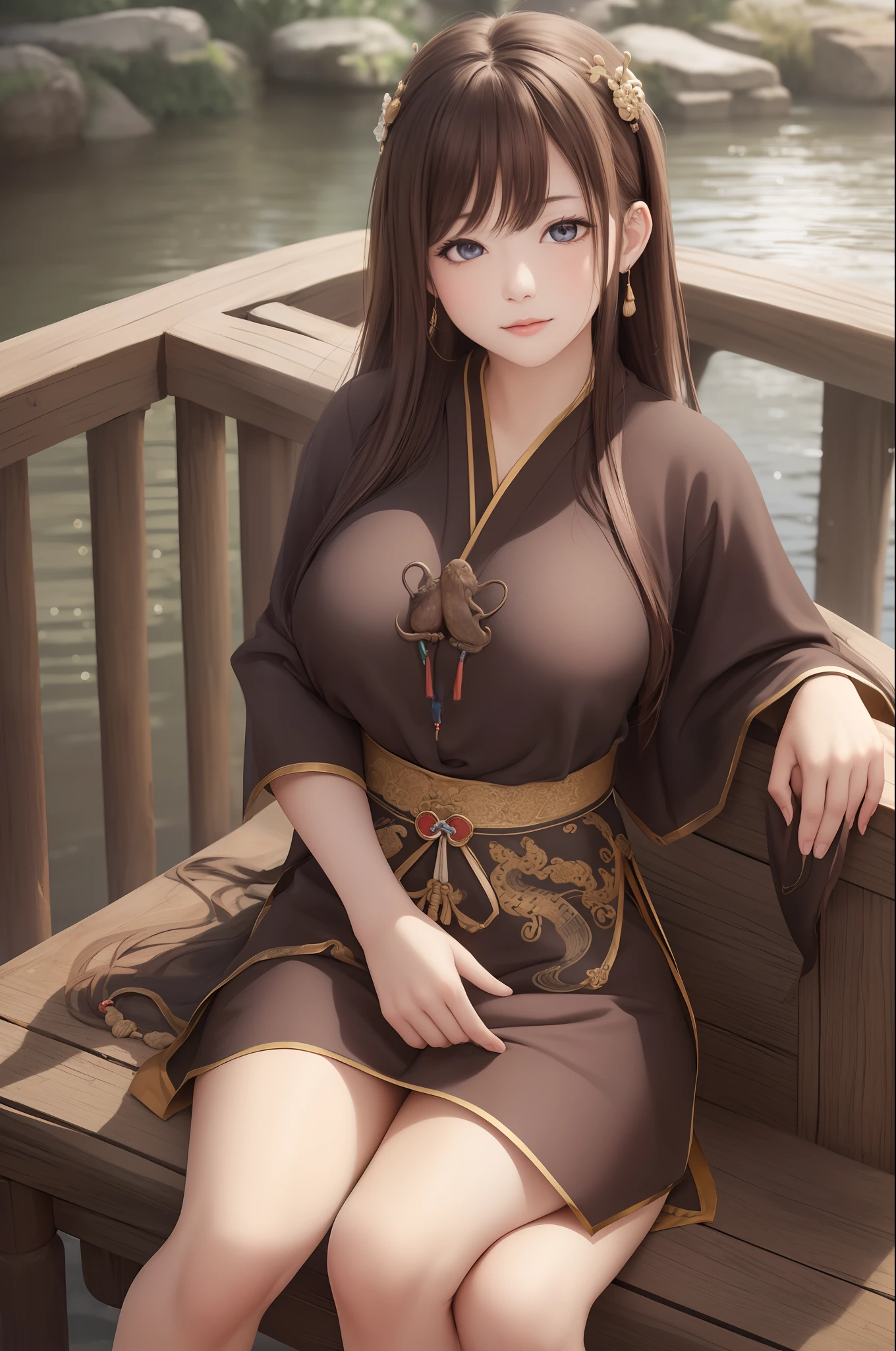 upper body, oil painting, masterpiece, best quality, highres, long brown hair, jewelry hairpin, large breast,riverside and rock or temple or bridge, extremely clothes, sitting, (song Dynasty, song clothing:1.2),