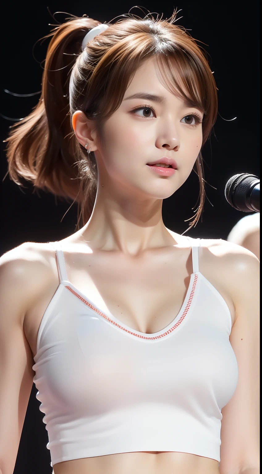 realistic photos of 1 cute Korean star, light brown hair, short ponytail, white skin, thin makeup, 32 inch breasts size, wearing cartoon character pattern camisole tank top, pants, on the stage, close-up portrait, UHD