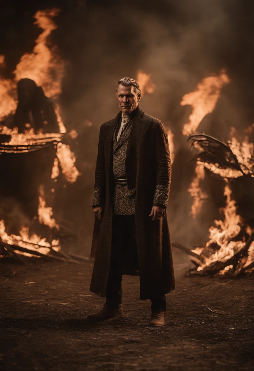 Lucifer in his scariest form being in a sinister inferno of fire with his mouth open spewing up fire maggots, with their eyes and ears throwing flames