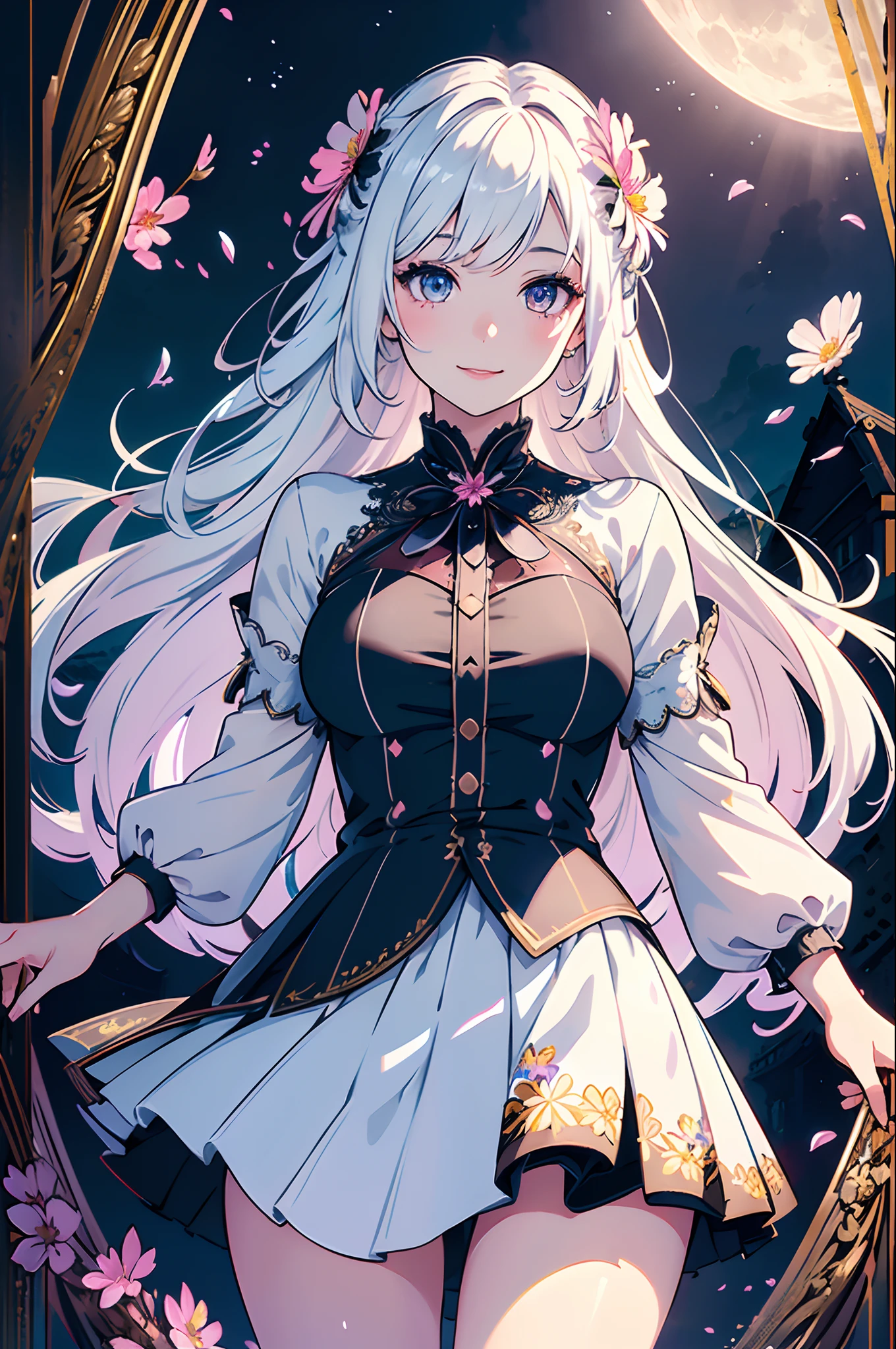 masterpiece, best quality,
1girl, (colorful),(finely detailed beautiful eyes and detailed face),cinematic lighting,bust shot,extremely detailed CG unity 8k wallpaper,white hair,solo,smile,intricate skirt,((flying petal)),(Flowery meadow)
sky, cloudy_sky, building, moonlight, moon, night, (dark theme:1.3), light, fantasy,
