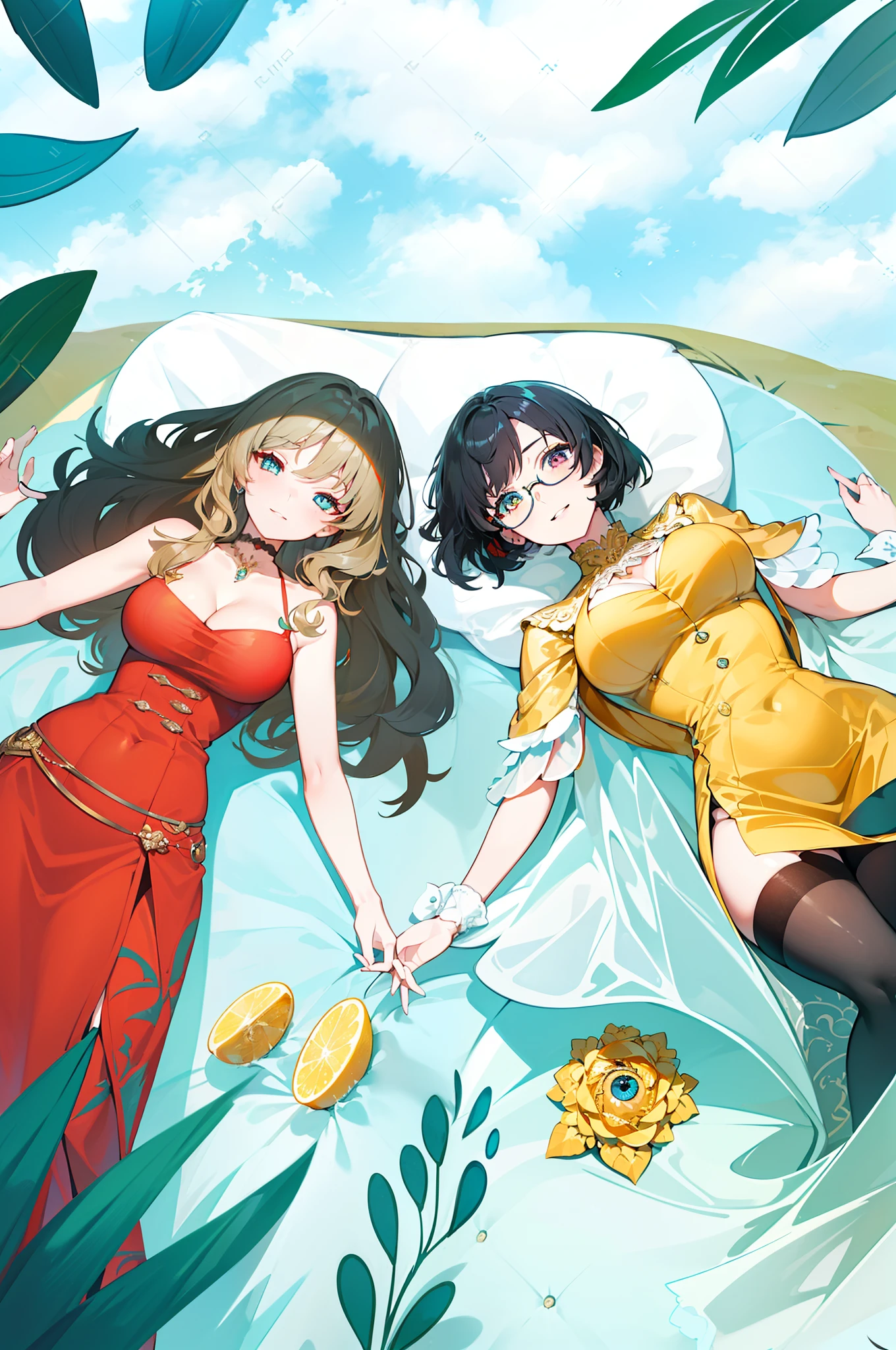 masterpiece,(bestquality),highlydetailed,ultra-detailed, formal, ( ellegance:1.2),(Aristocratic temperament)，(Elegant beauty) ，(Heterochromic pupils:Golden eyes，Silver eyes),(intense shadows:0.8), (1girl),Round glasses，Bigboobs，cleavage，Dark blue hair，short detailed hair，Sister head，ssmile，
