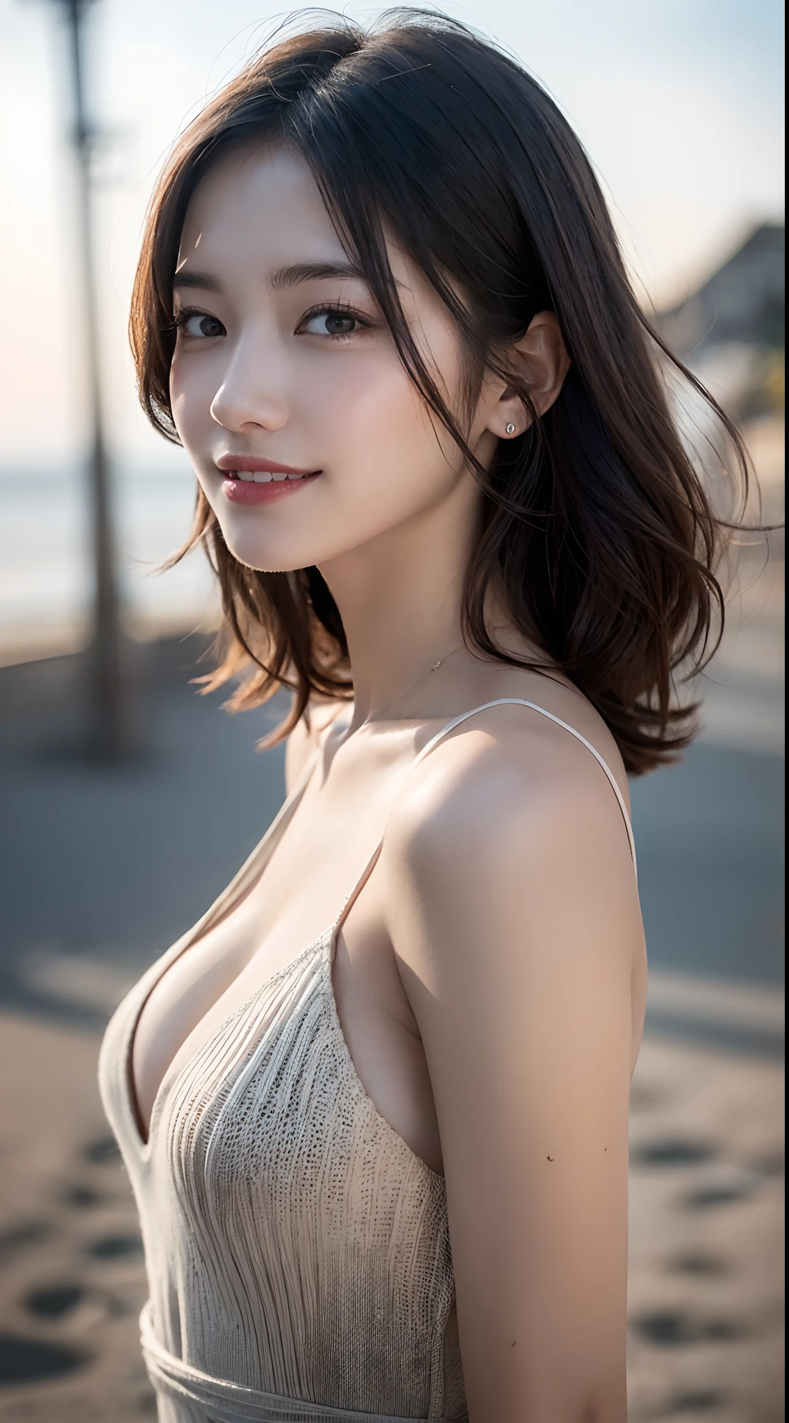 (8K, RAW photography, Best quality, Masterpiece: 1.45), (Realistic, Photorealistic: 1.37), Beach, Sand, Beach house, daytime, Professional lighting, Photon mapping, Radiosity, Physically Based Rendering, Masterpiece, Rich Detail, (Fine Face),(Fine Eyes), (Clear Face), (Detailed Face Description), (Detailed Hand Description), (Masterpiece) , Realistic, Extreme Light and Shadow, Shiny Skin,Shiny Hair, One Girl, 18 years old, cute, Seductive smile:1.2, happy, winking gradient brown hair, gray hair, Short curly, small, slender, double, disheveled hair, fine collarbone,((from side, cowboy shot: 1.3)), slouch: 1.2, ( Knitted Deep V-Neckline Slip Dress, Small, Side Boob, Flat Chest, Bare Waist, Cleavage:1.3), Emphasis on Armpits, Public Indecency, (Increased Skin Texture Beauty:1.1), Immediately After Getting Out of the Wator,