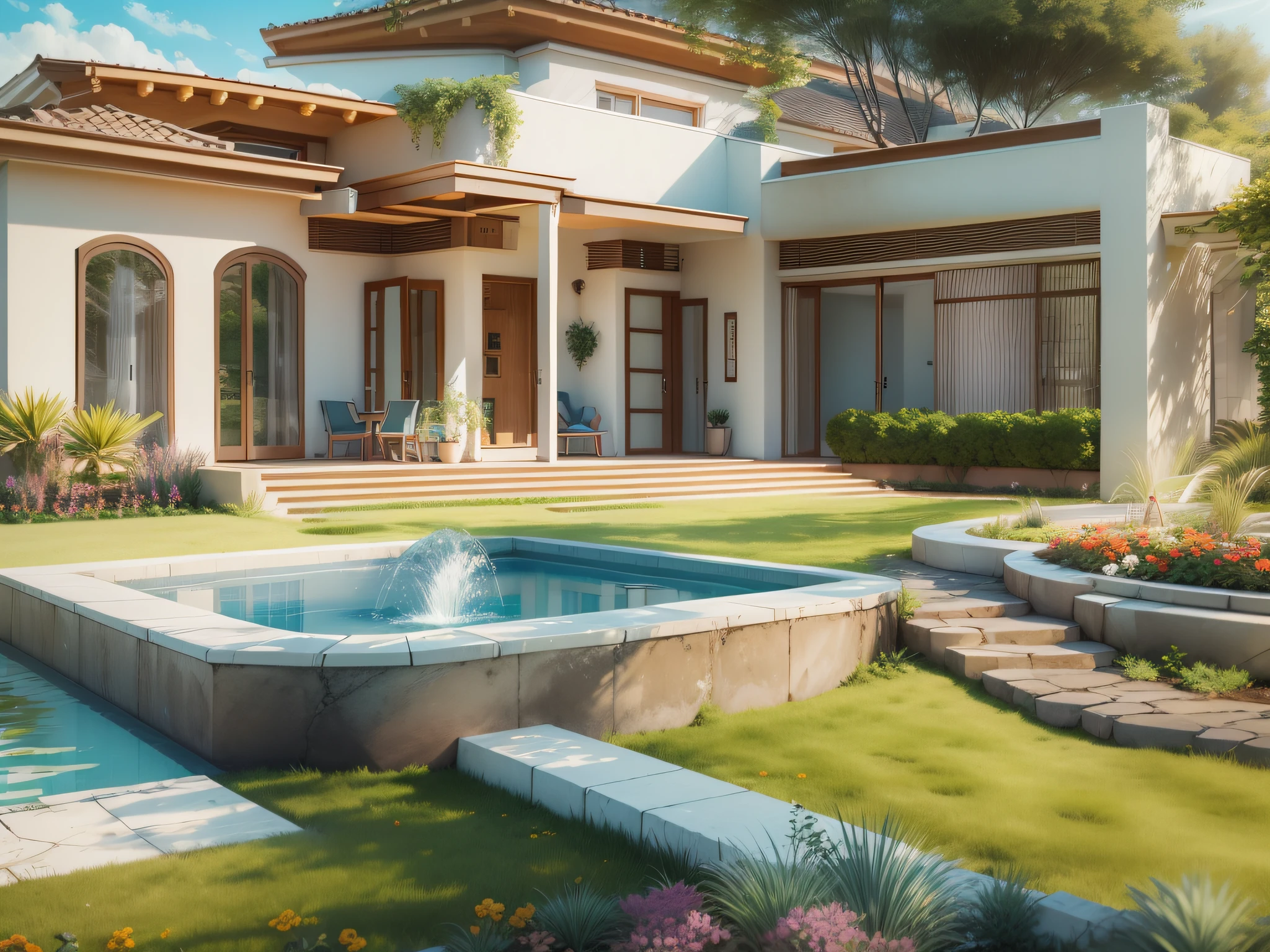 Modern single storey superior villa , trpical garden, lawns, There is a fountain in the middle, and the sun was shining brightly, the detail， 4K， k hd， high high quality.
